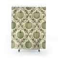 Sage green pumpkin and vine lattice shower curtain with full front view