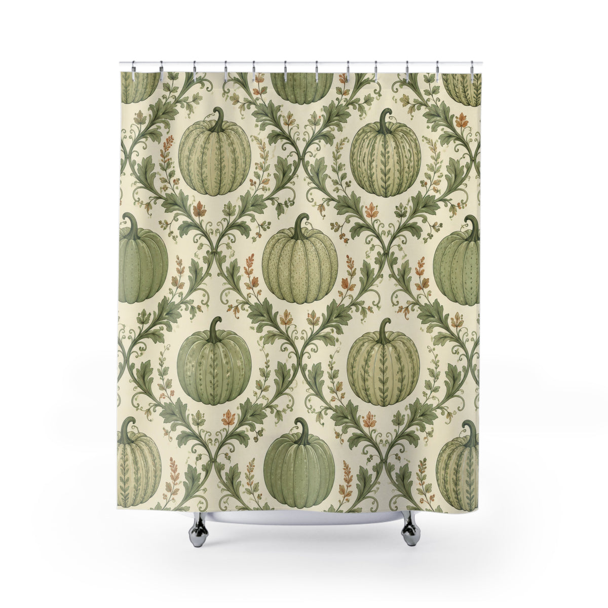 Sage green pumpkin and vine lattice shower curtain with full front view