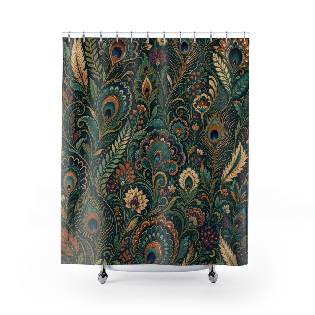 Unique Peacock Shower Curtain, Dark Green Feather Botanical Pattern, Teal Gold Maximalist Decor, Dramatic Guest Bath, Jewel Tone Style