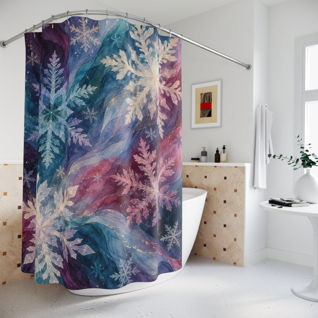 Pastel snowflakes over teal, plum, and pink watercolor currents shower curtain beside a freestanding tub