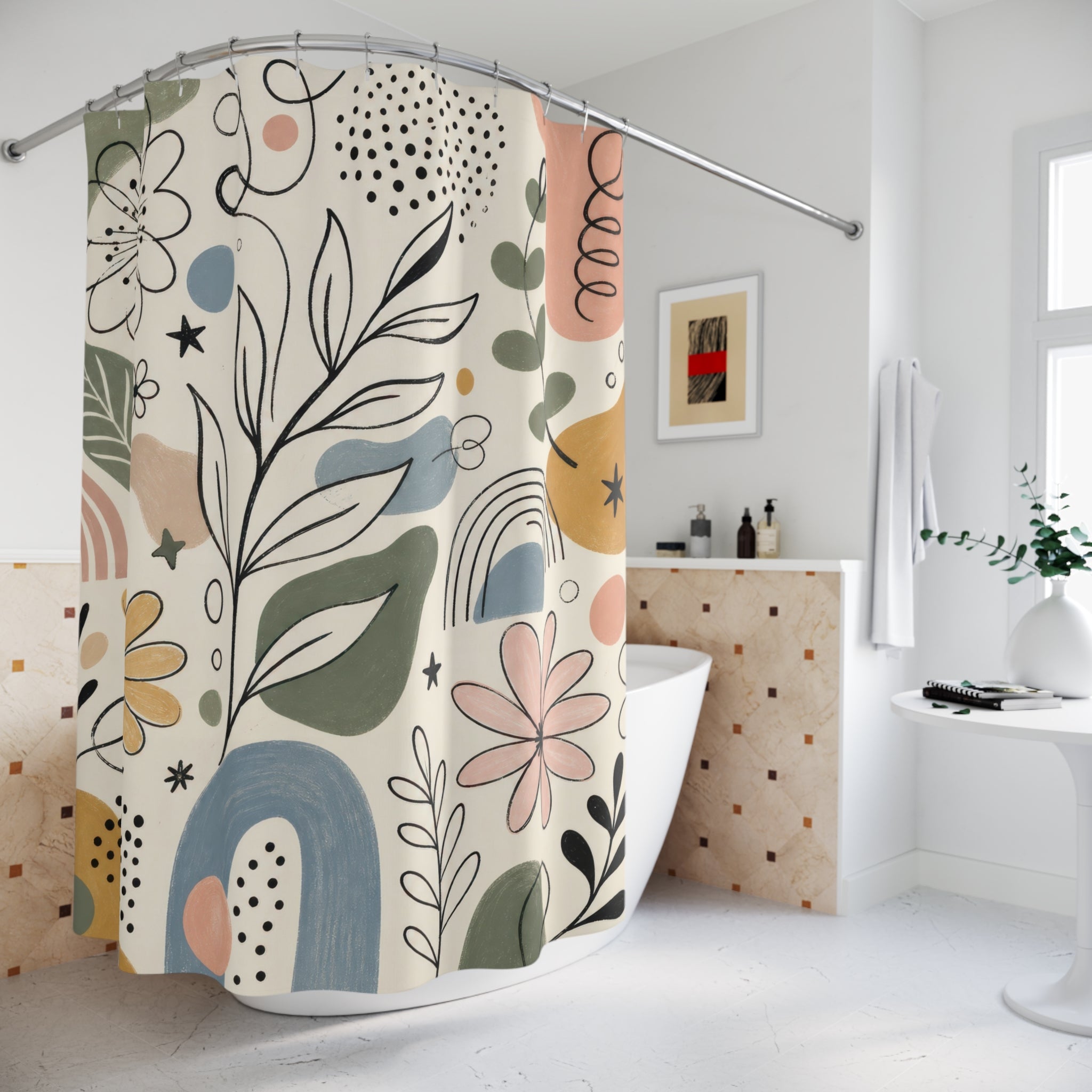 Doodle Shower Curtain, Hand Drawn Botanical Flower Bath Decor, Black Ivory Abstract Line Art, Playful Modern Guest Bathroom Style Decor