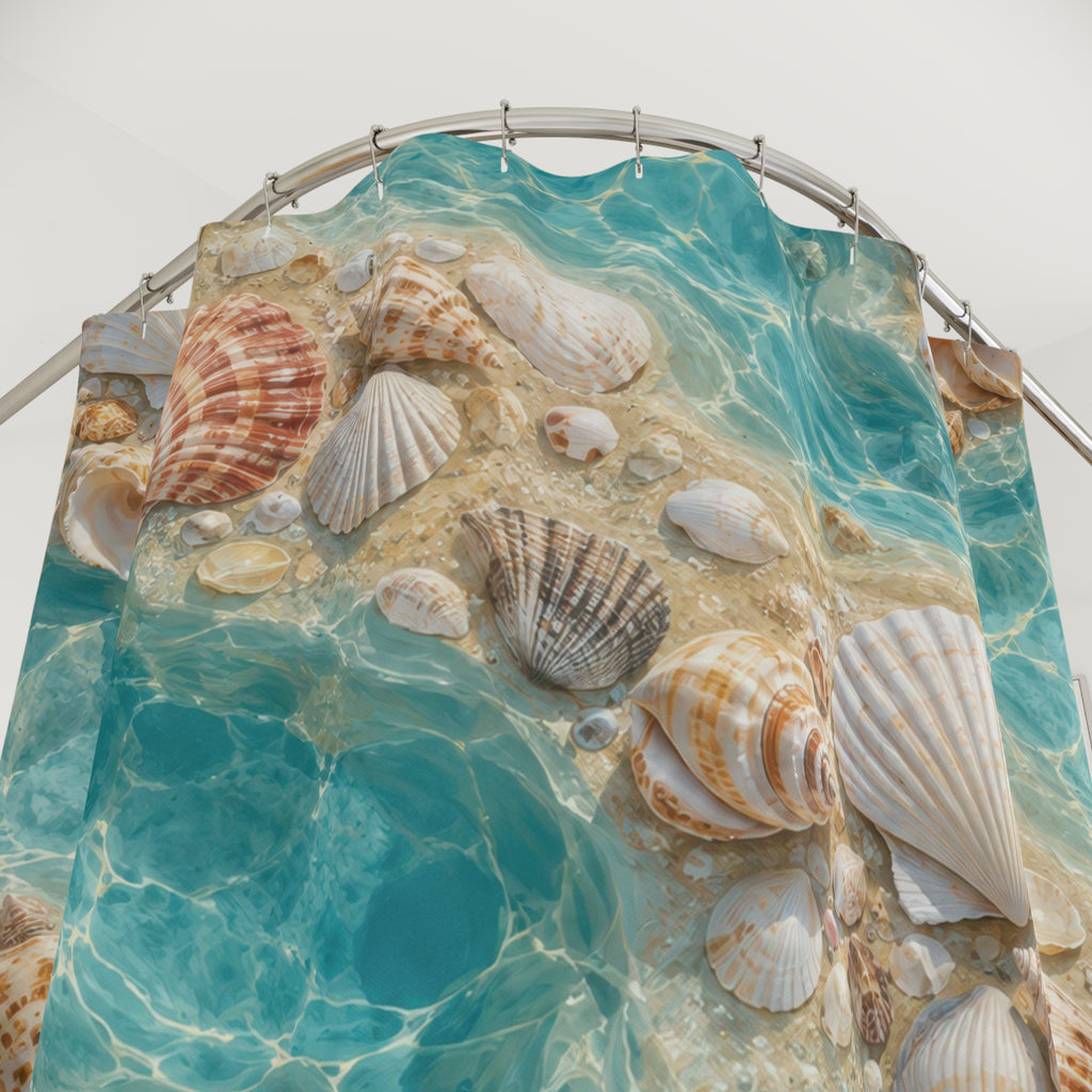 Ivory and apricot seashells around turquoise tide pools shower curtain with close-up print, hooks, and folds