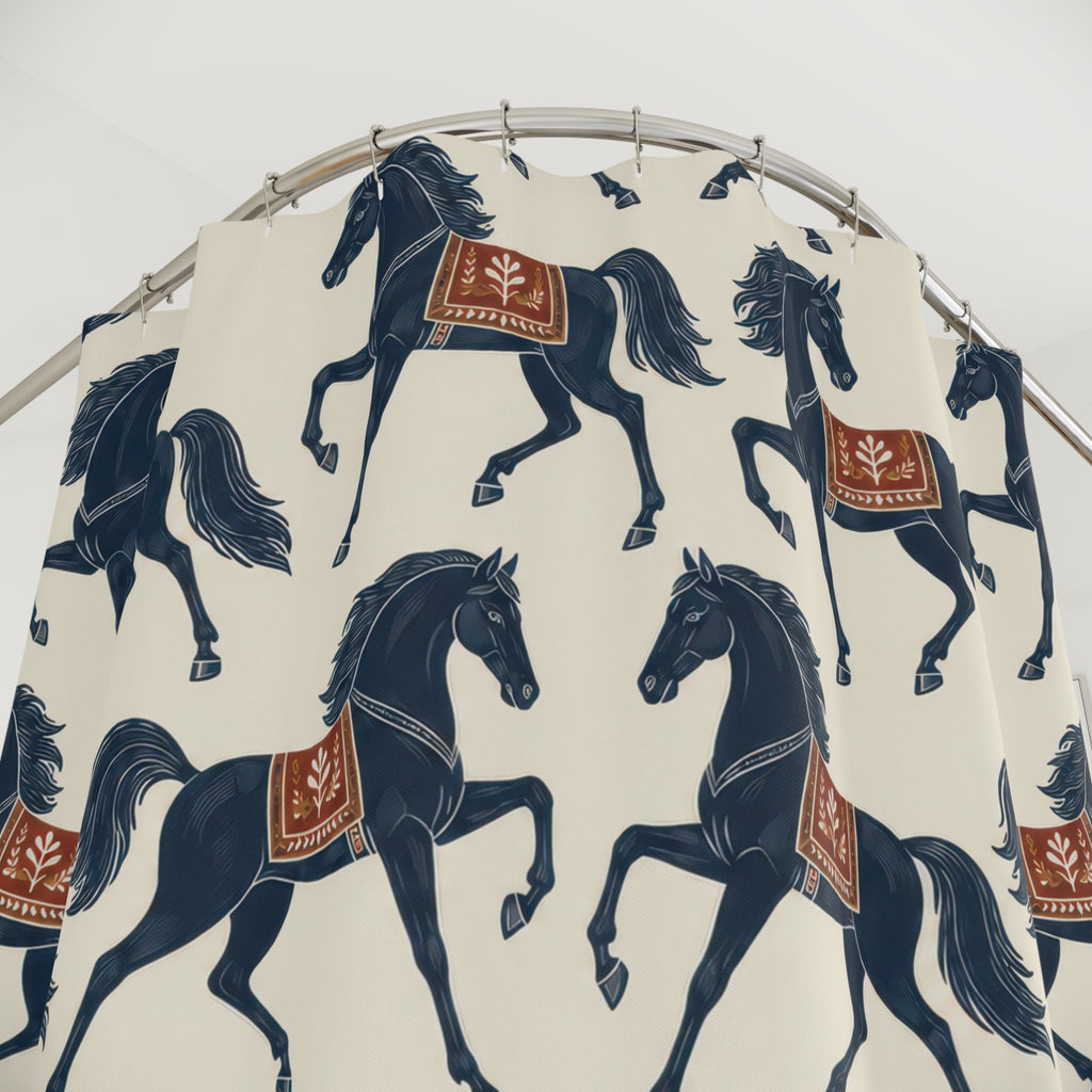 Navy prancing horses with rust saddles on warm ivory shower curtain with close-up print, hooks, and folds