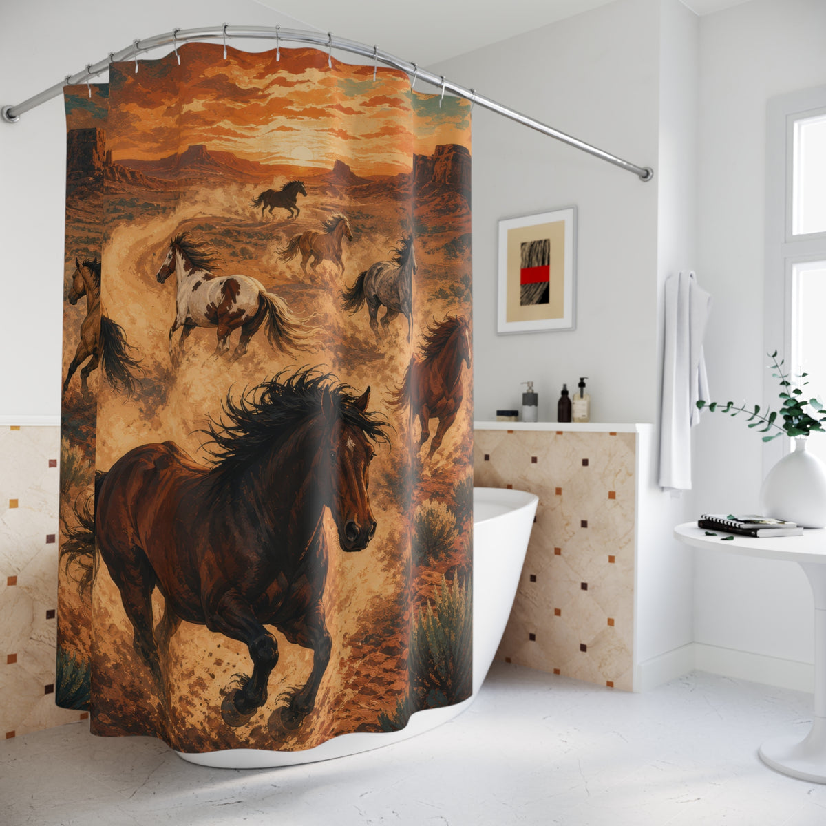 Wild mustang herd racing through glowing desert dust shower curtain beside a freestanding tub
