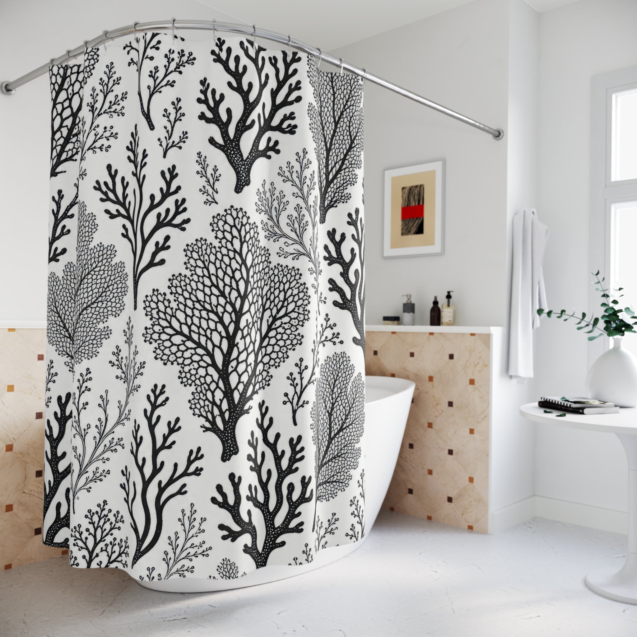 Black White Reef Branch Shower Curtain