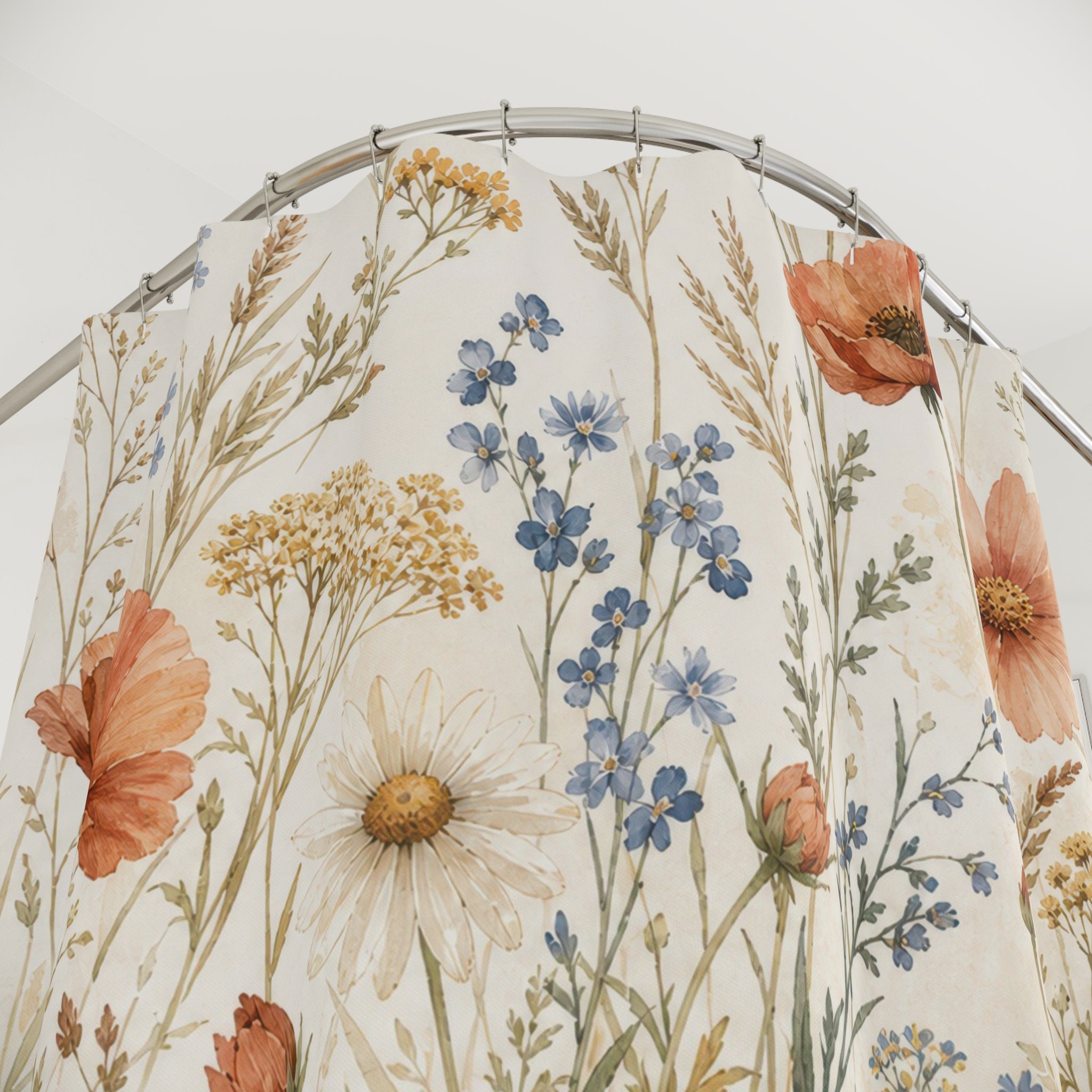 Orange Blue Wildflower Watercolor Shower Curtain