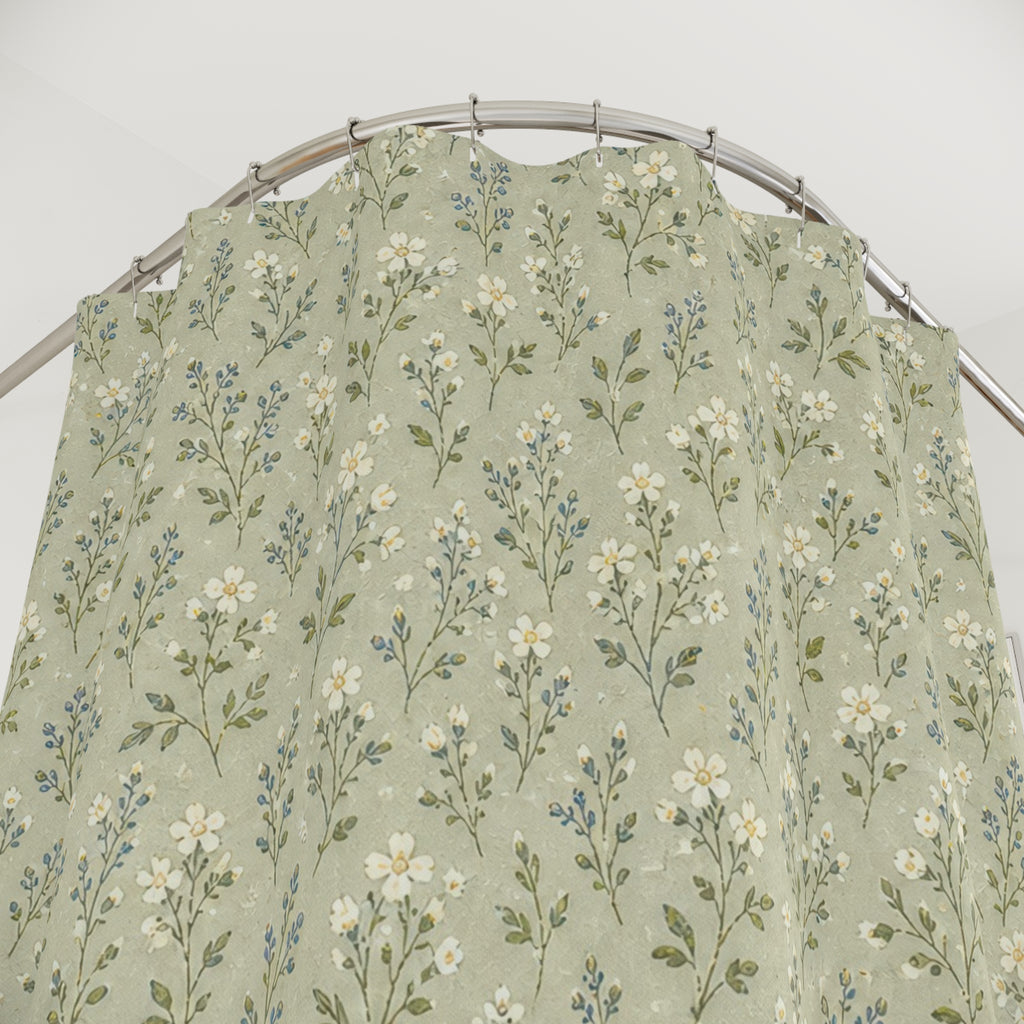 Sage Meadow Ditsy Shower Curtain, Sage Green Nature Bathroom Decor, Tiny Botanical Bath Curtain, Guest Bathroom Decor, Small Bathroom Decor