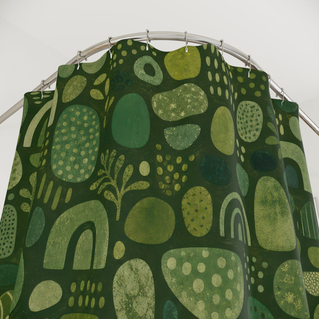 Boho Shower Curtain, Green Abstract Bath Decor, Sage Arch Pebble Pattern, Modern Guest Bathroom Decor, Playful Earthy Style