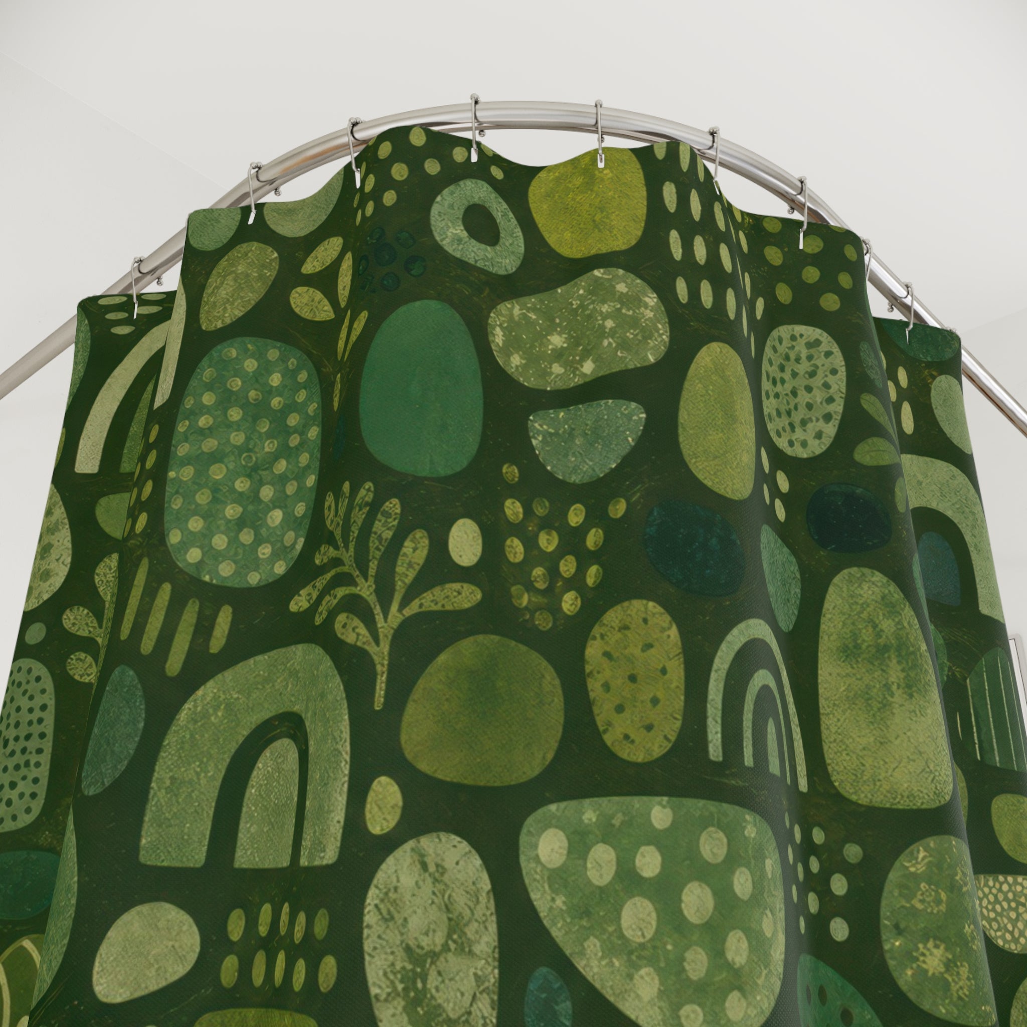 Boho Shower Curtain, Green Abstract Bath Decor, Sage Arch Pebble Pattern, Modern Guest Bathroom Decor, Playful Earthy Style