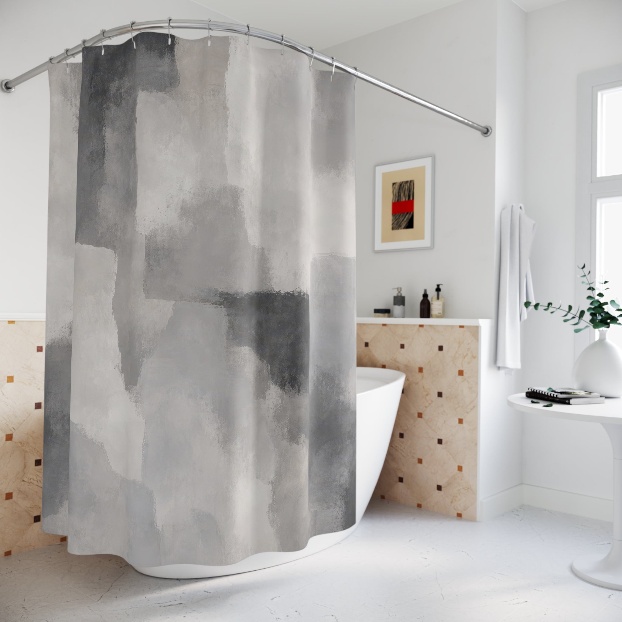 Abstract Shower Curtain, Gray Modern Bath Decor, Painterly Block Pattern, Charcoal White Guest Bathroom Decor, Modern Neutral Style