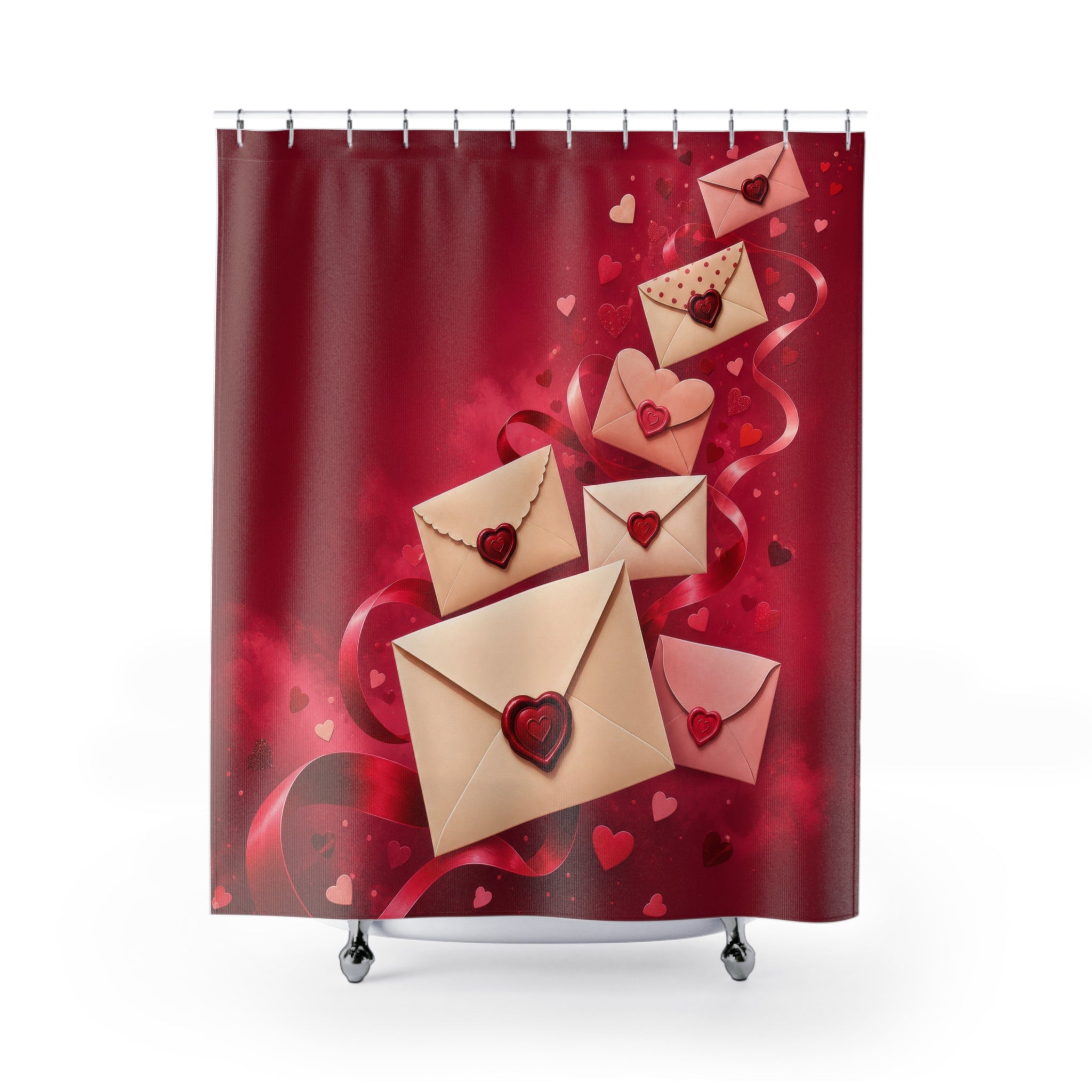 Flying love letters with heart seals and red ribbons shower curtain with full front view