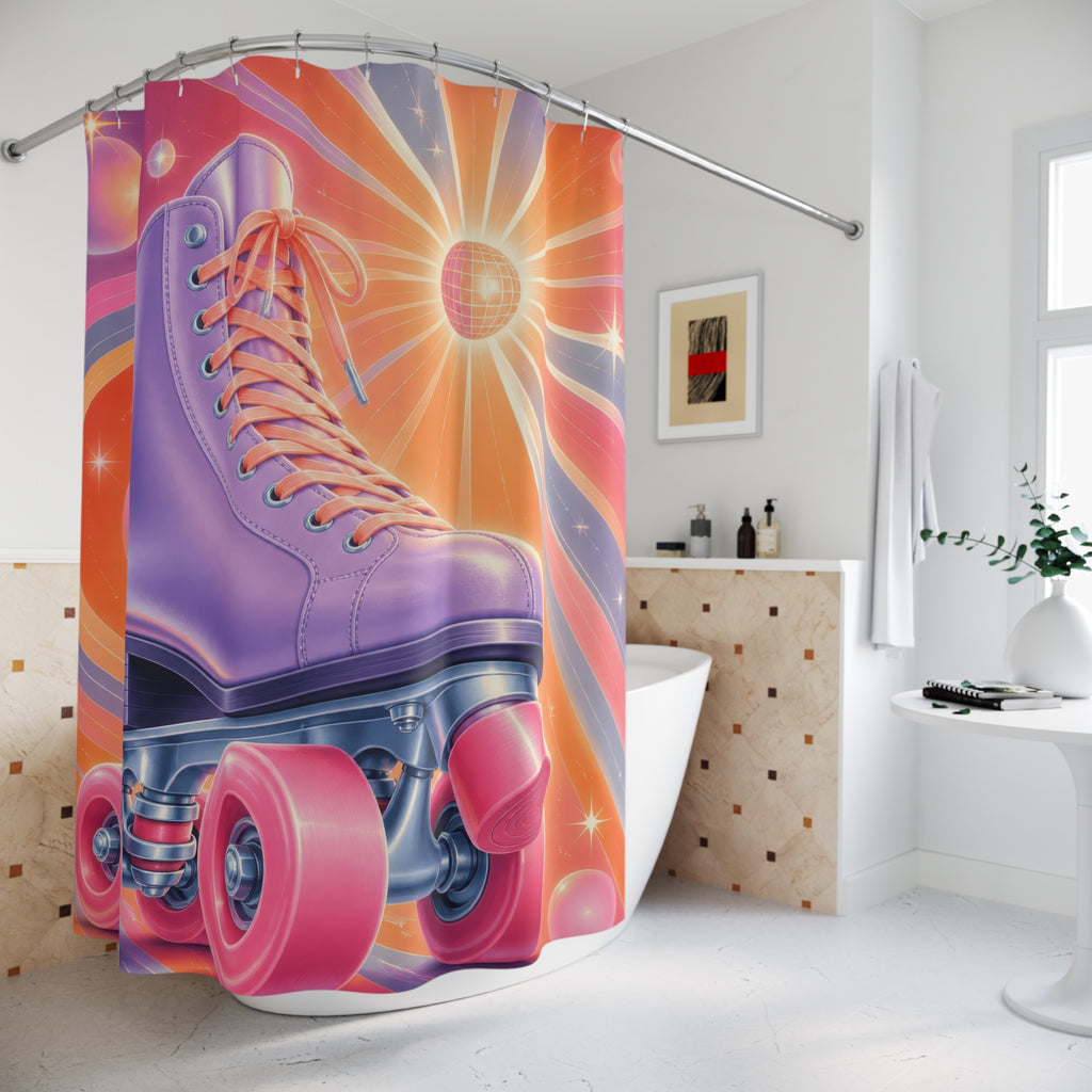 Glossy retro roller skate over a pastel disco starburst shower curtain beside a freestanding tub