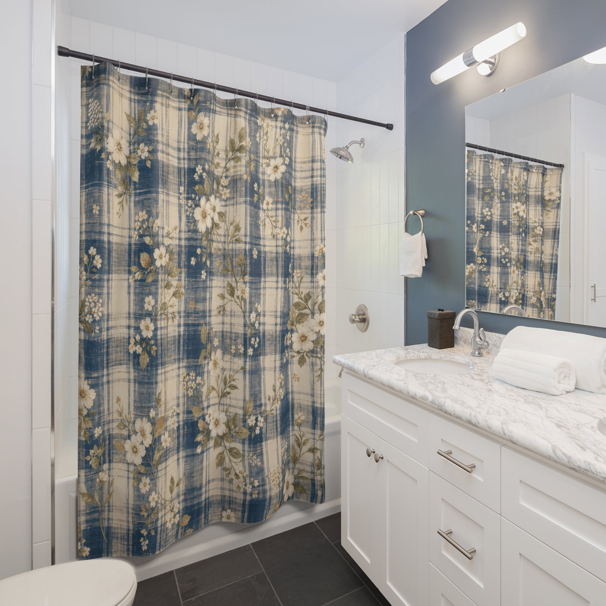 Blue Country Floral Check Shower Curtain