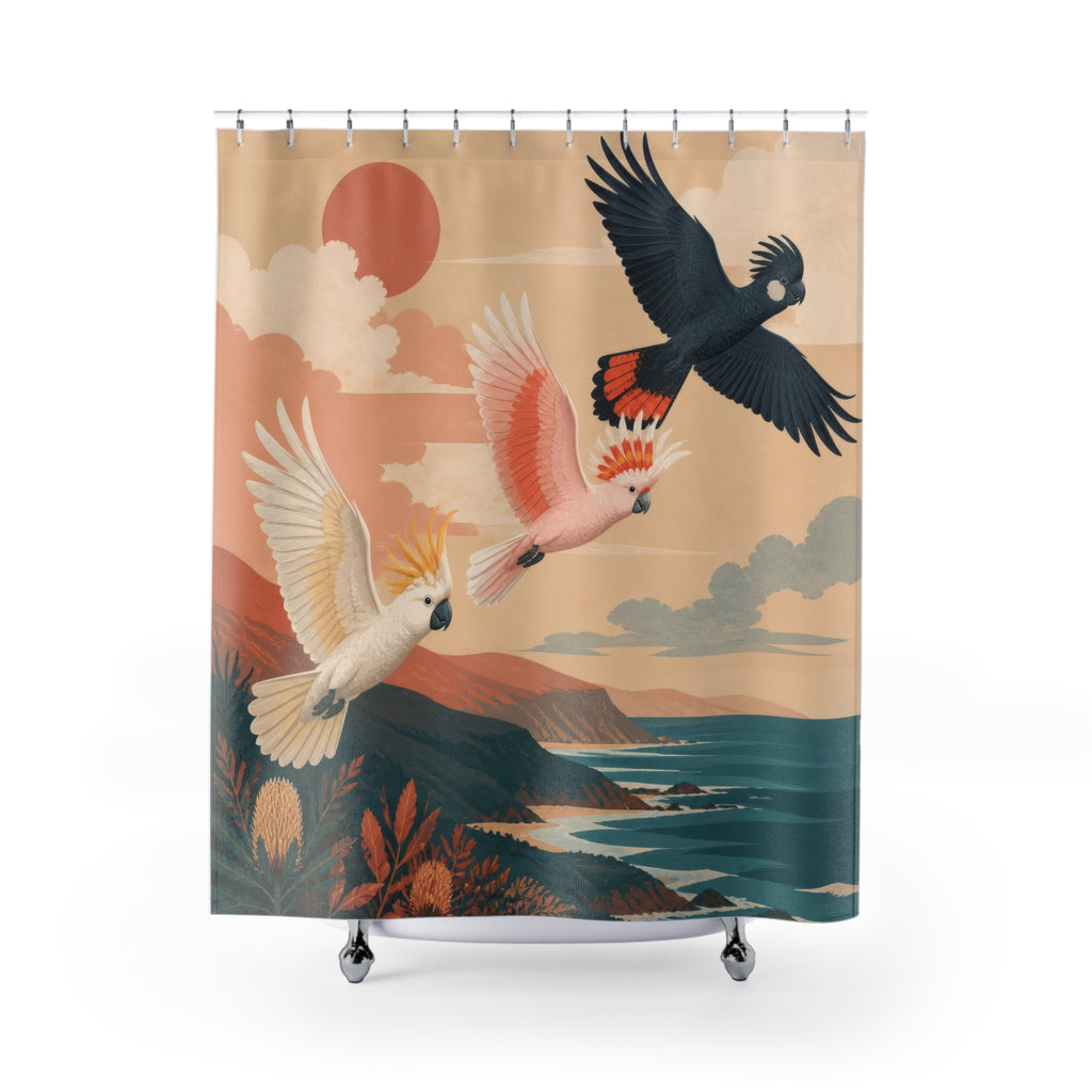 Three colorful cockatoos flying above coastal headlands at sunset shower curtain, full front view