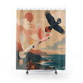 Three colorful cockatoos flying above coastal headlands at sunset shower curtain, full front view