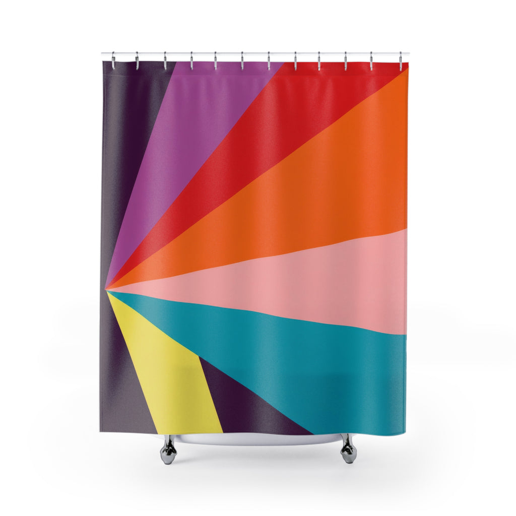 Plum orange and turquoise radial color panels shower curtain with full front view