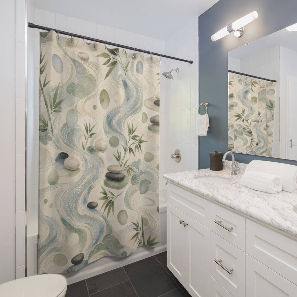 Feng Shui Shower Curtain, Jade Green Water Bamboo Bath Decor, Pebble Pattern, Zen Nature Inspired Guest Bathroom Spa Decor, Calm Spa Style