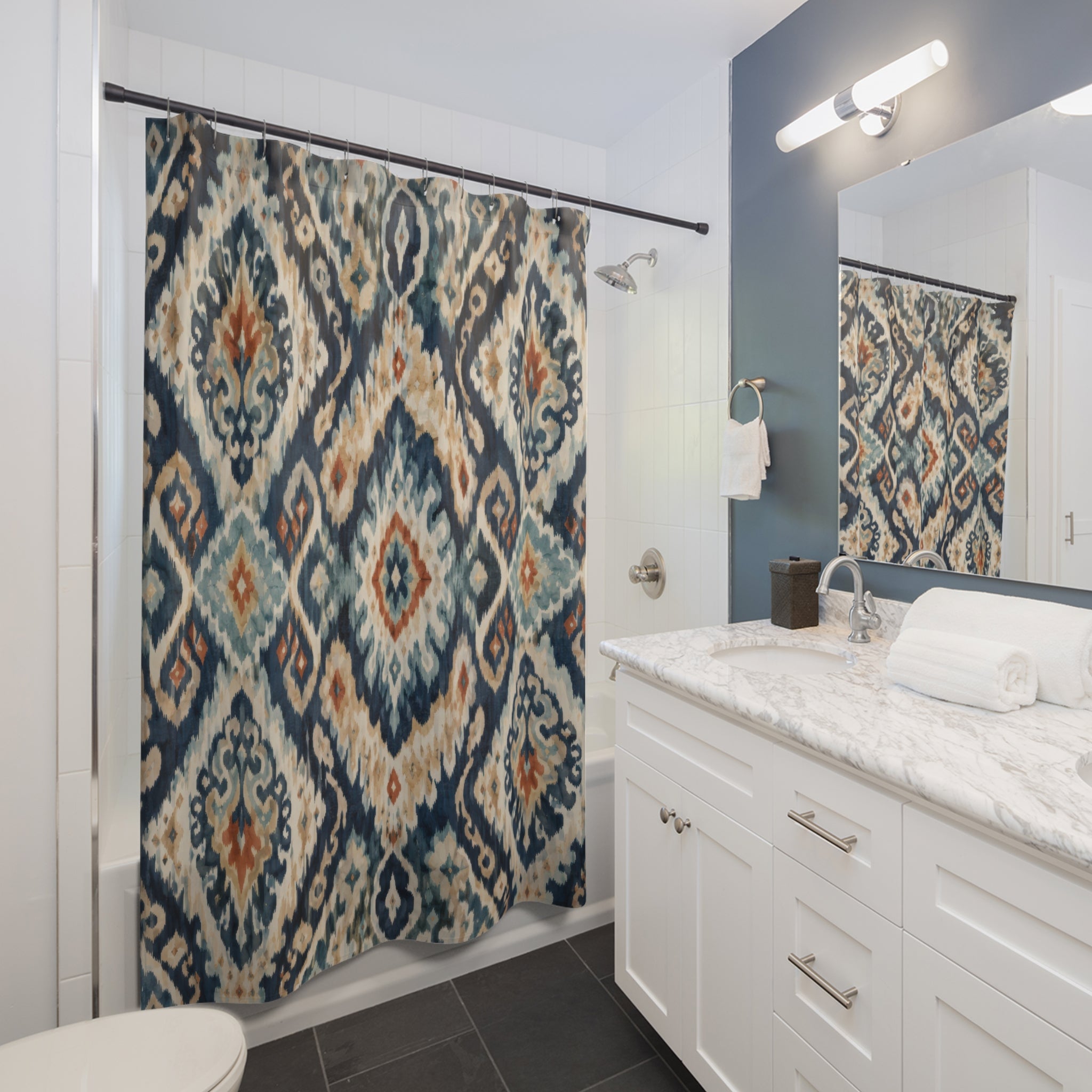 Ikat Shower Curtain: Blue Beige Boho Textile Pattern