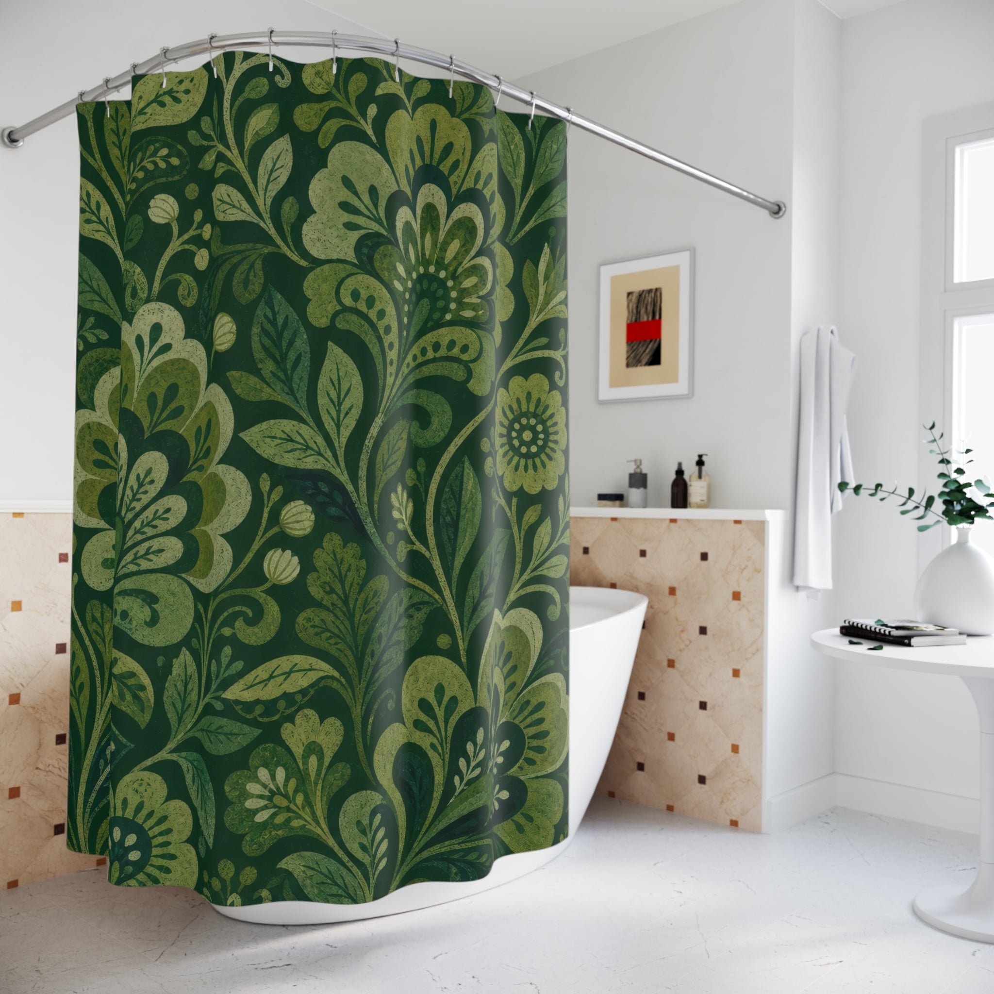Green Floral Shower Curtain, Boho Paisley Bath Decor, Sage Botanical Vine Pattern, Guest Bathroom Decor, Ornamental Bohemian Style