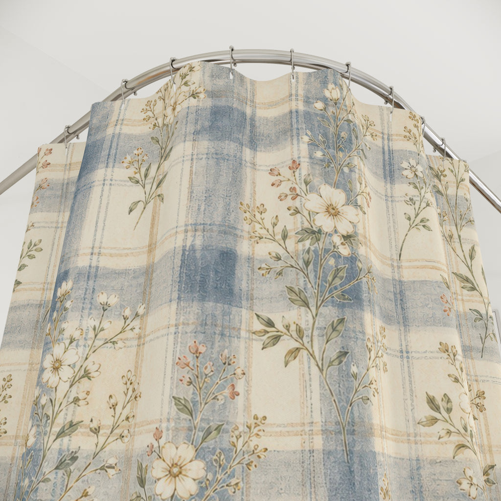 Farmhouse Plaid Floral Blue Shower Curtain