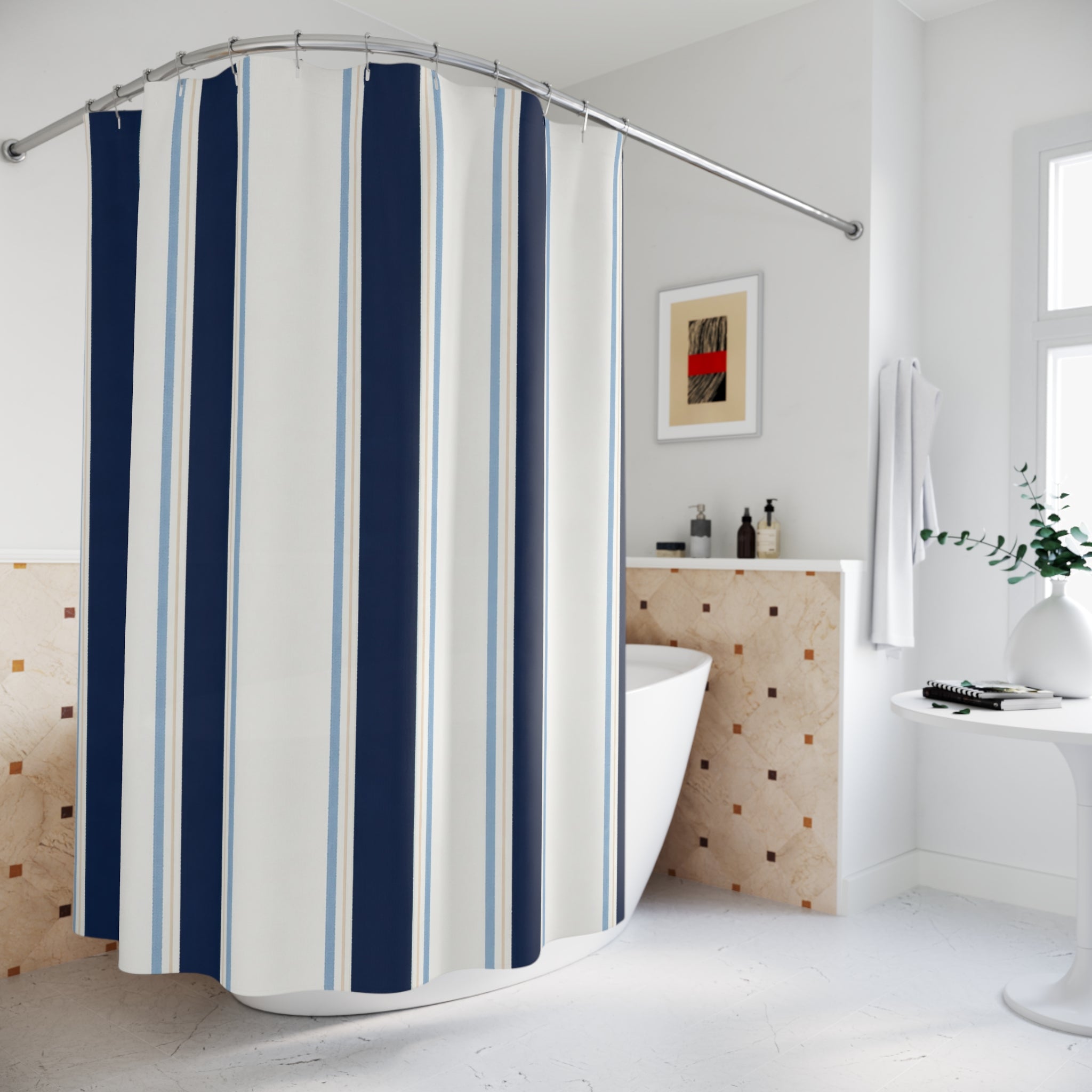 Navy Pale Blue Cream Stripe Shower Curtain