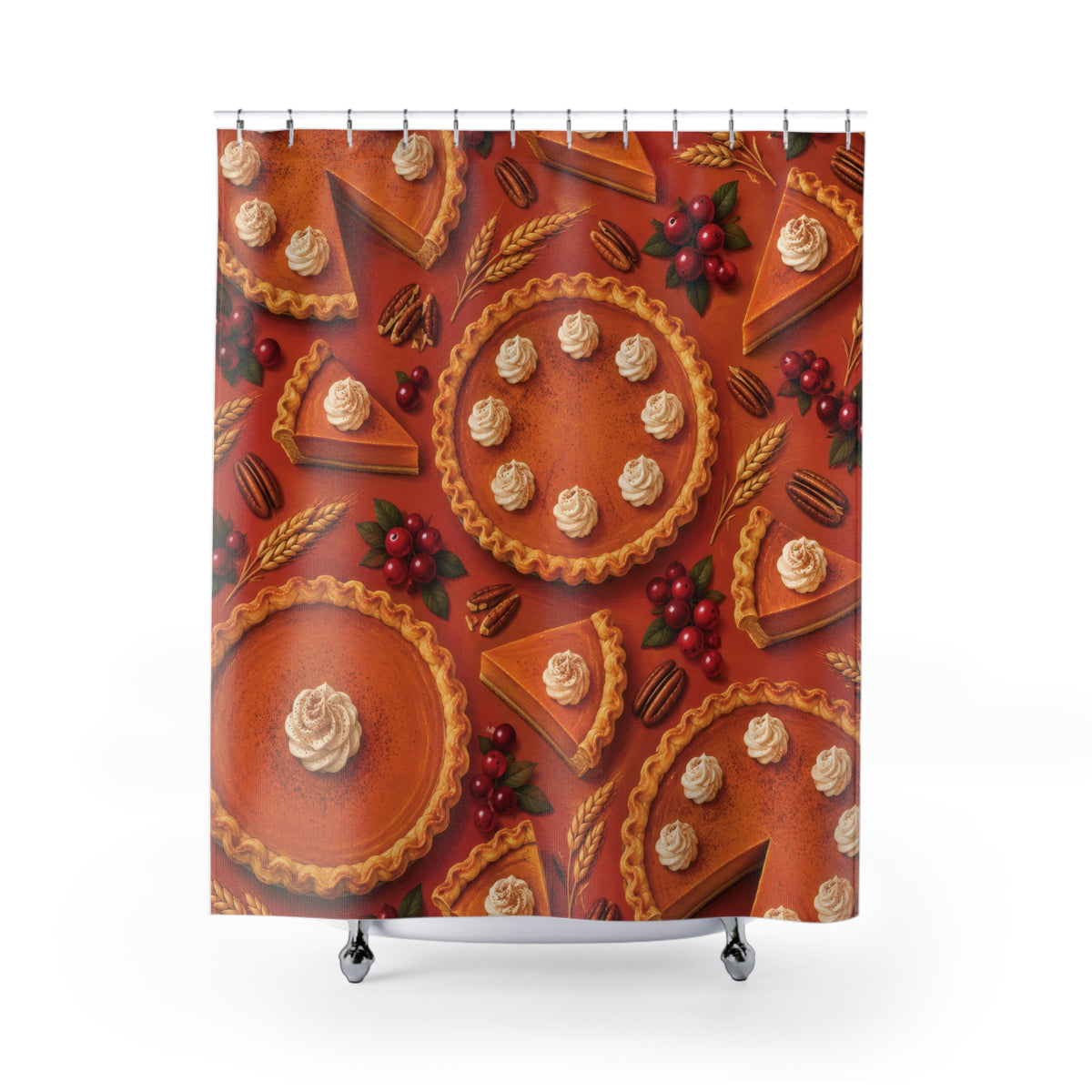 Orange pumpkin pies with cream, cranberries and pecans shower curtain with full front view
