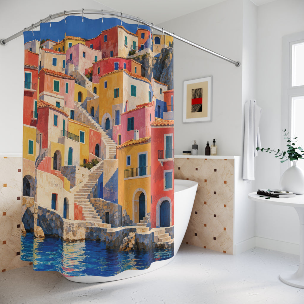 Coral and yellow hillside houses above a blue harbor shower curtain beside a freestanding tub