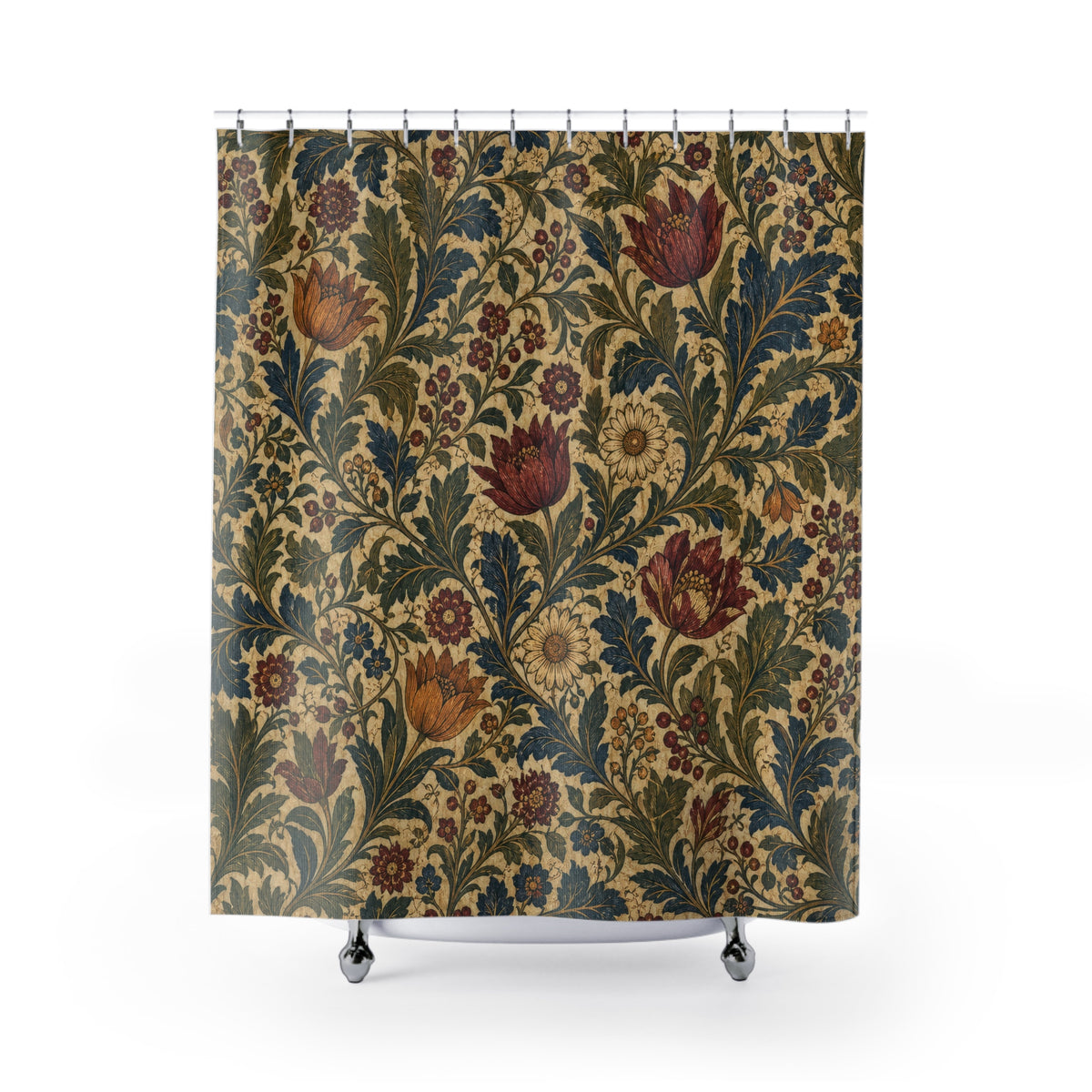 Arts and Crafts Botanical dark shower curtain with full front view