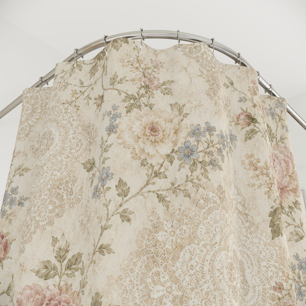 Pink Rose Lace vintage floral shower curtain with close-up print, hooks, and folds