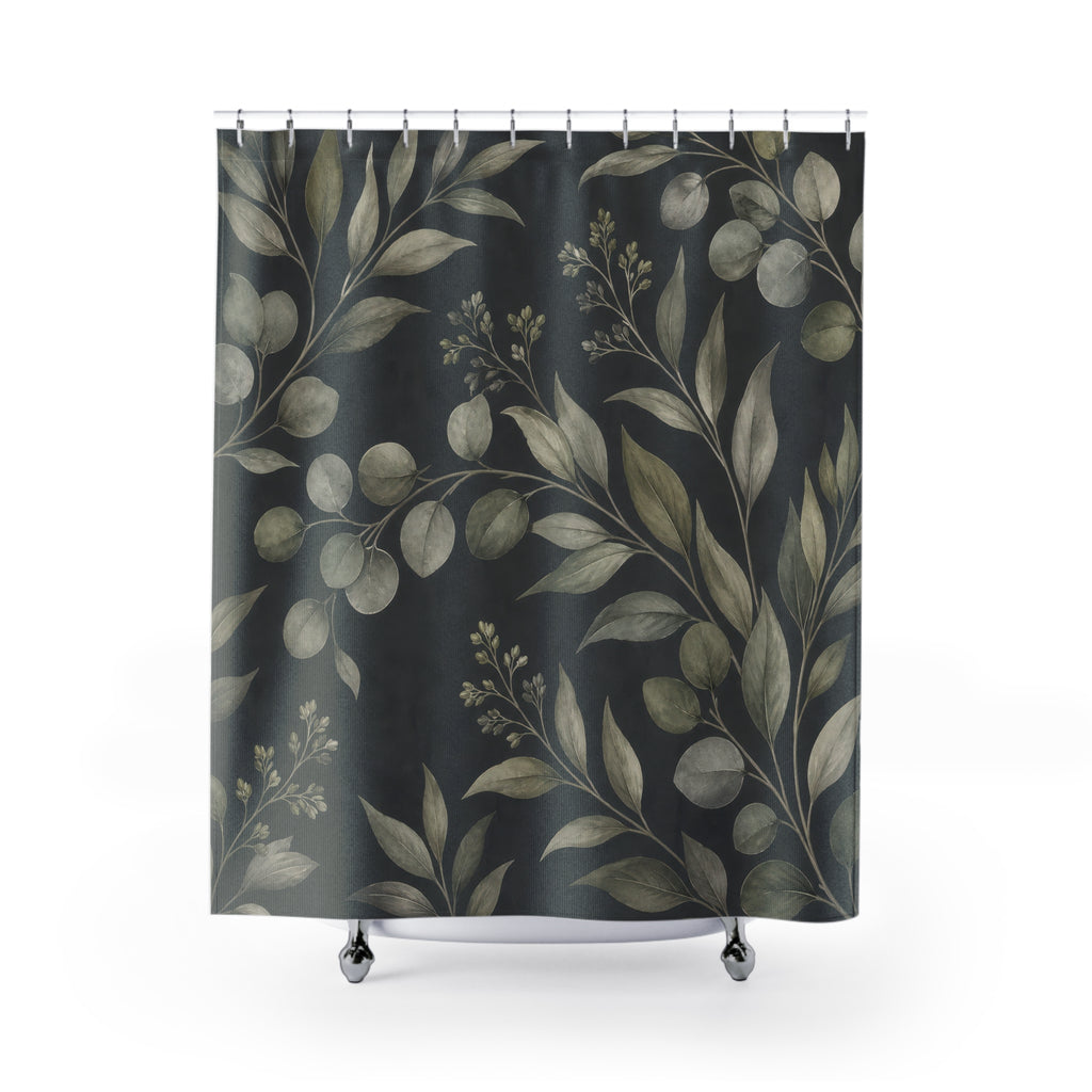 Dark Green Floral Shower Curtain, Dark Green Moody Bathroom Decor, Dark Botanical Bath Curtain, Guest Bath Decor, Small Bathroom Decor