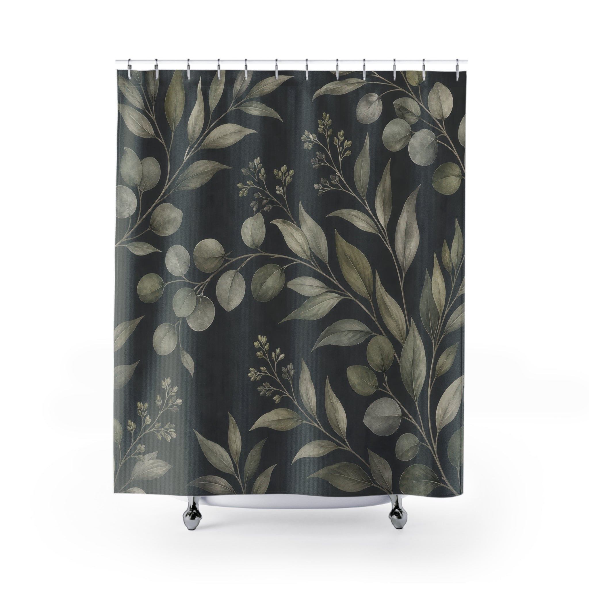 Dark Green Floral Shower Curtain, Dark Green Moody Bathroom Decor, Dark Botanical Bath Curtain, Guest Bath Decor, Small Bathroom Decor