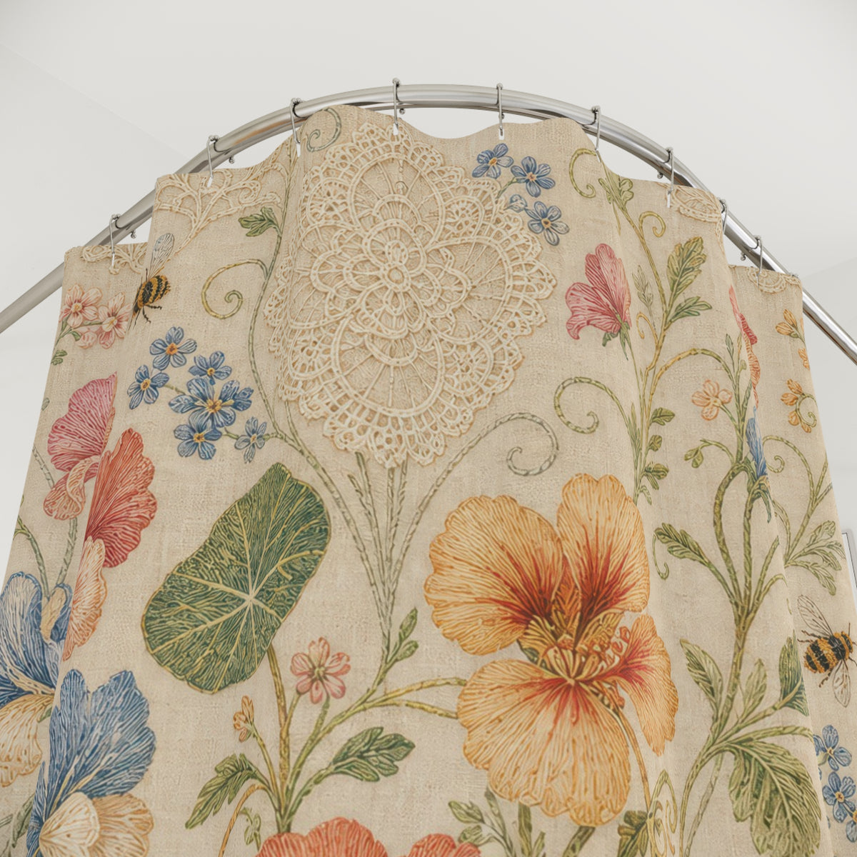 Vintage Nasturtium cream coral blue shower curtain with close-up print, hooks, and folds