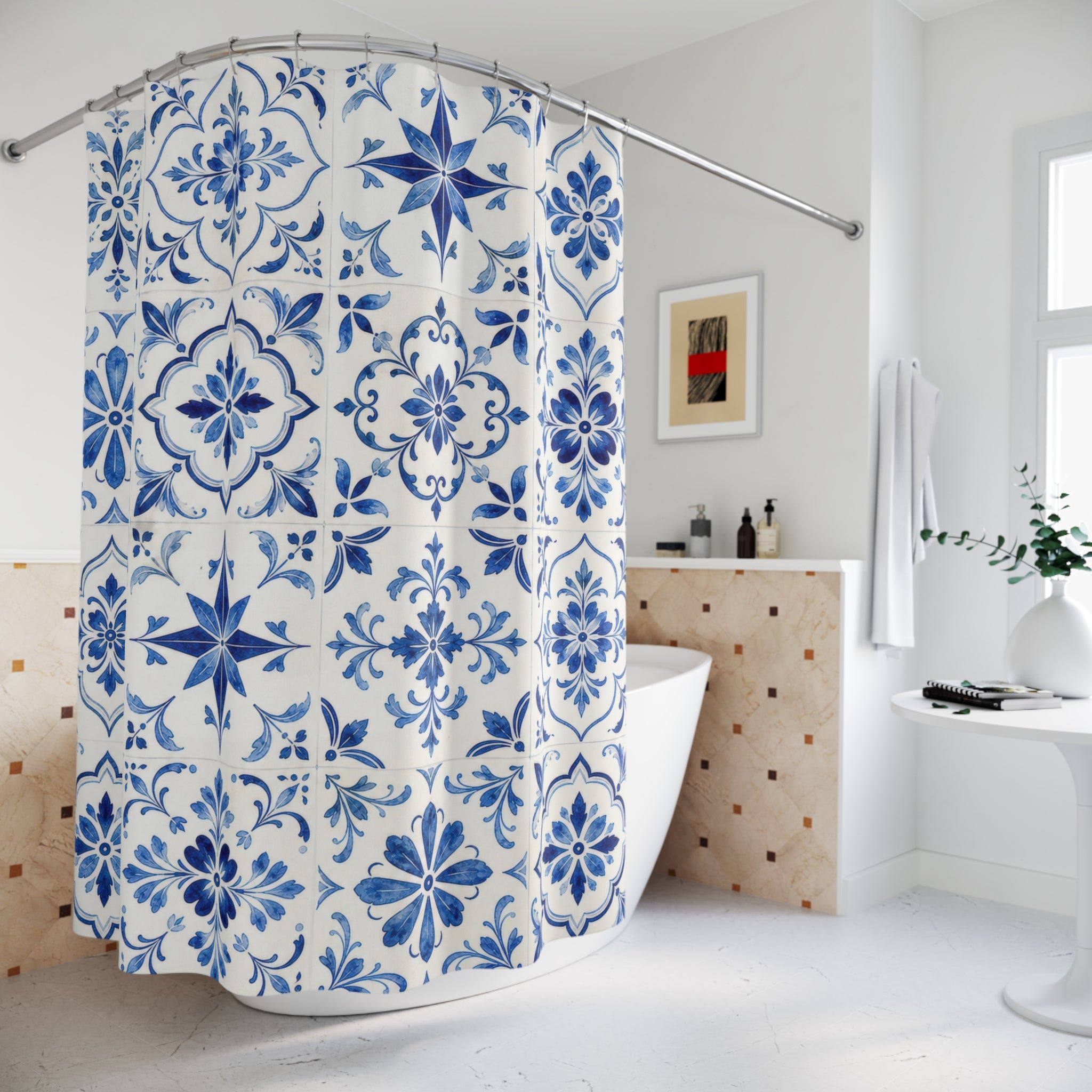 Blue Medallion Tile Shower Curtain, Blue White Classic Bathroom Decor, Tile Floral Bath Curtain, Guest Bath Decor, Small Bathroom Decor