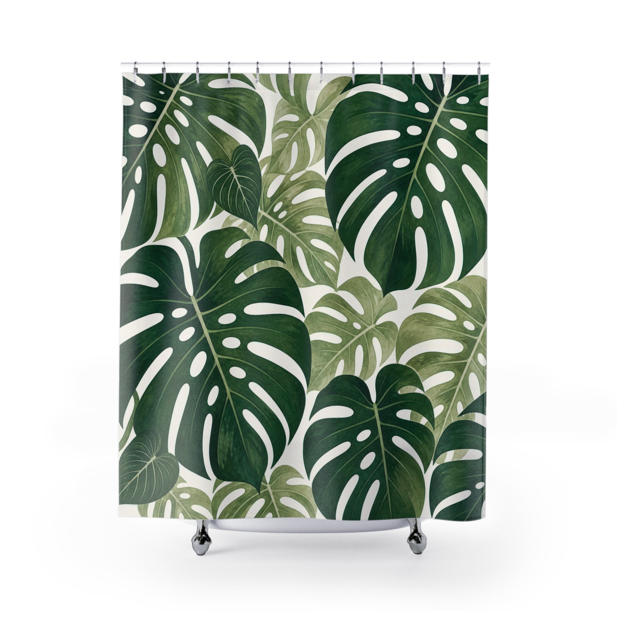 Dark Green White Monstera Leaf Shower Curtain