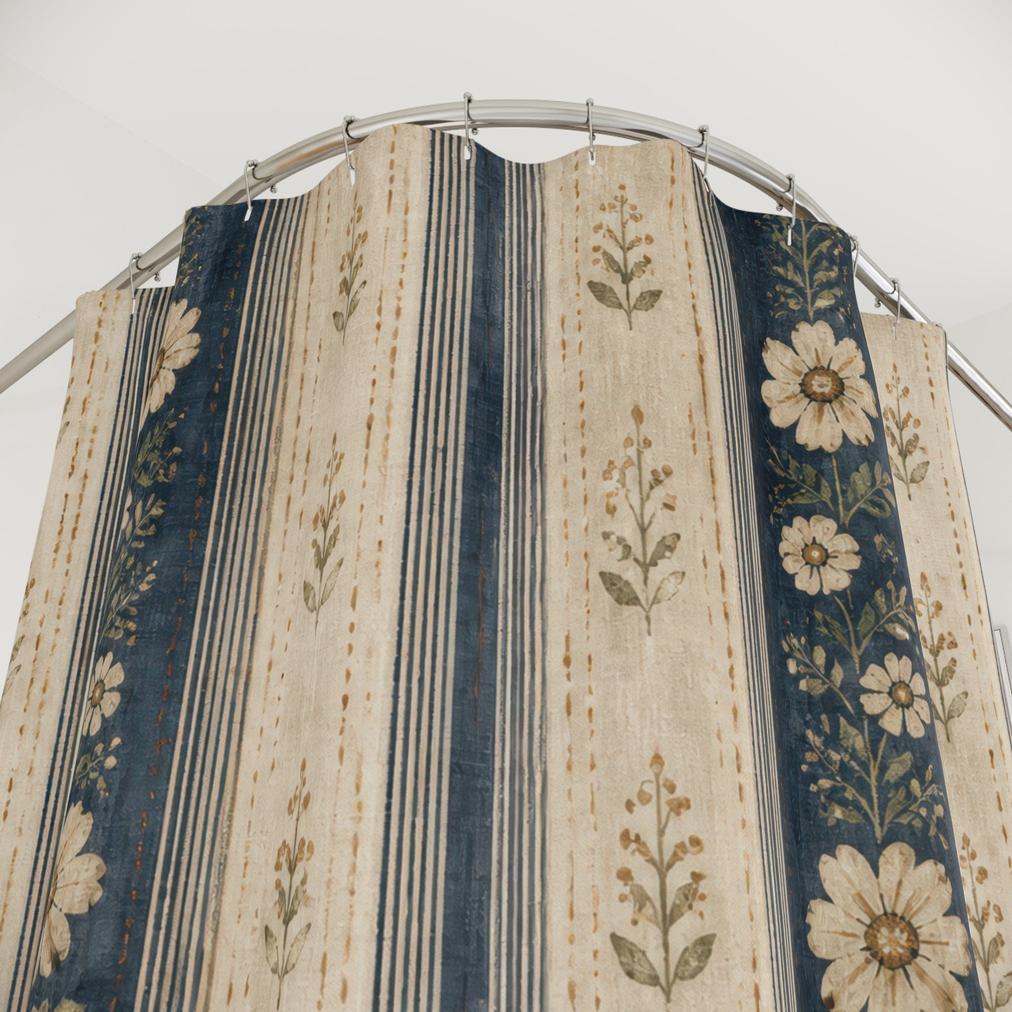 Blue Beige Floral Stripe Shower Curtain