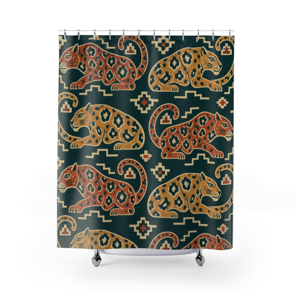 Terracotta and ochre jaguars on teal shower curtain with full front view