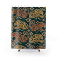 Terracotta and ochre jaguars on teal shower curtain with full front view