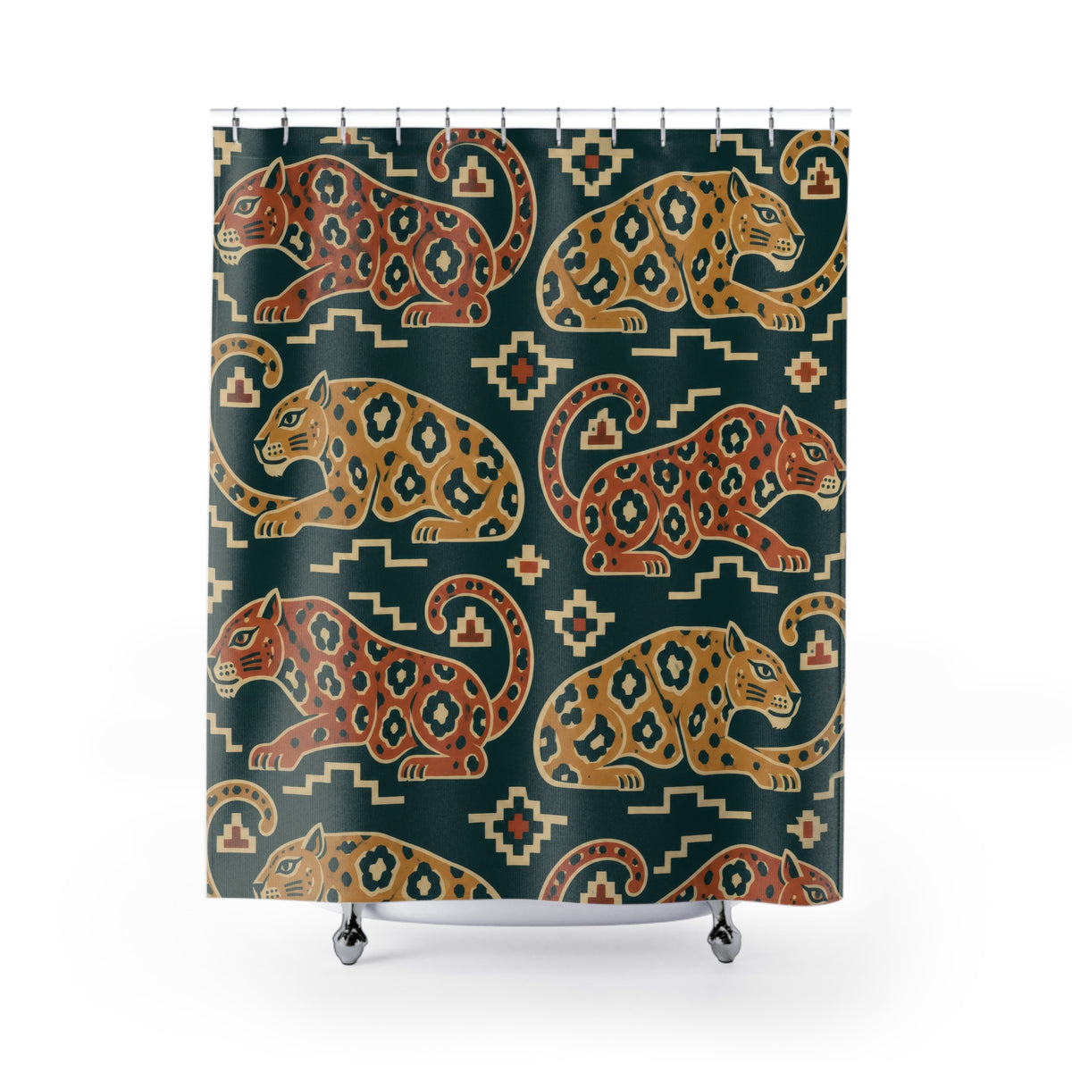 Terracotta and ochre jaguars on teal shower curtain with full front view