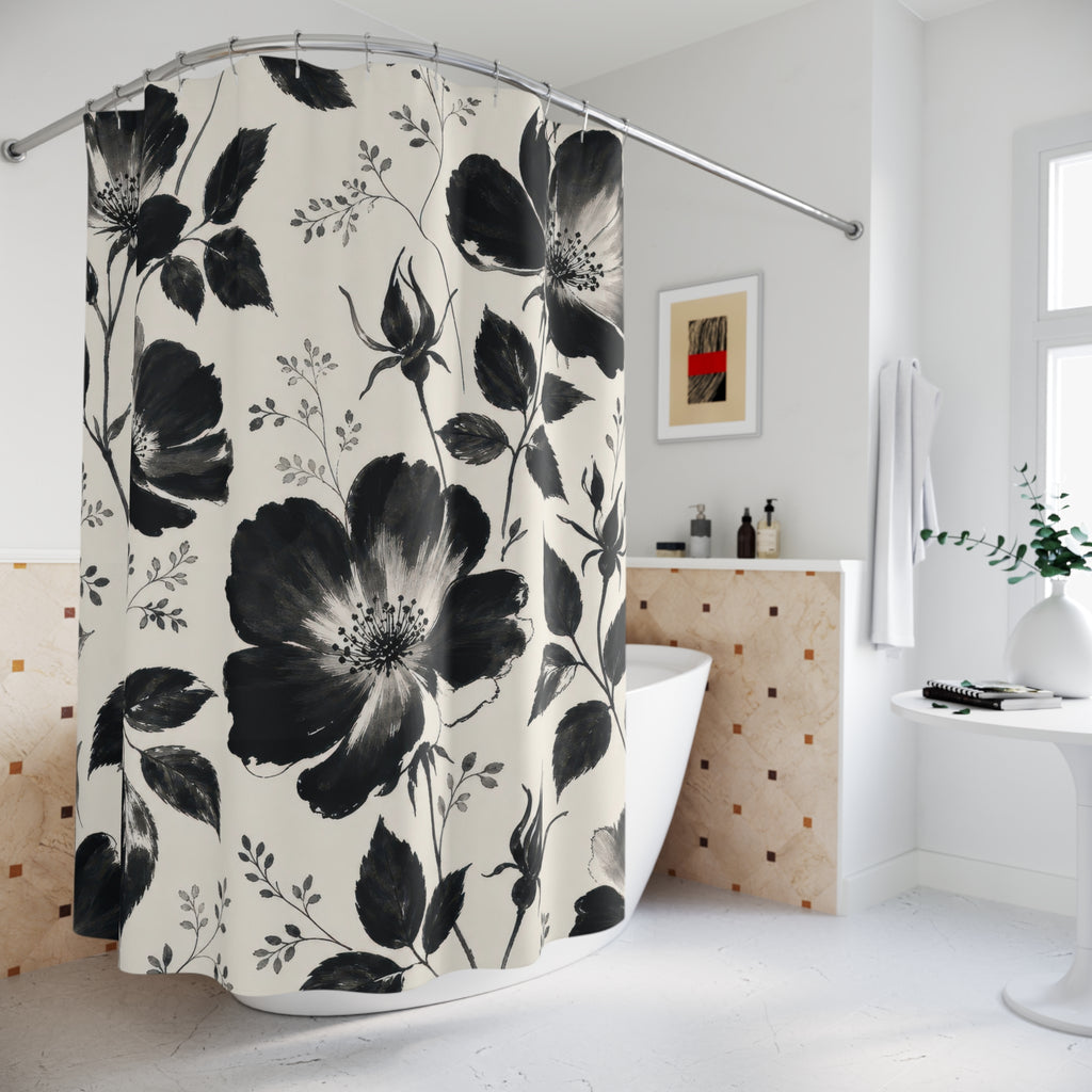 Floral Shower Curtain, Black White Painterly Flower Pattern, Modern Farmhouse Bathroom Decor, Graphic Guest Bath Botanical Style