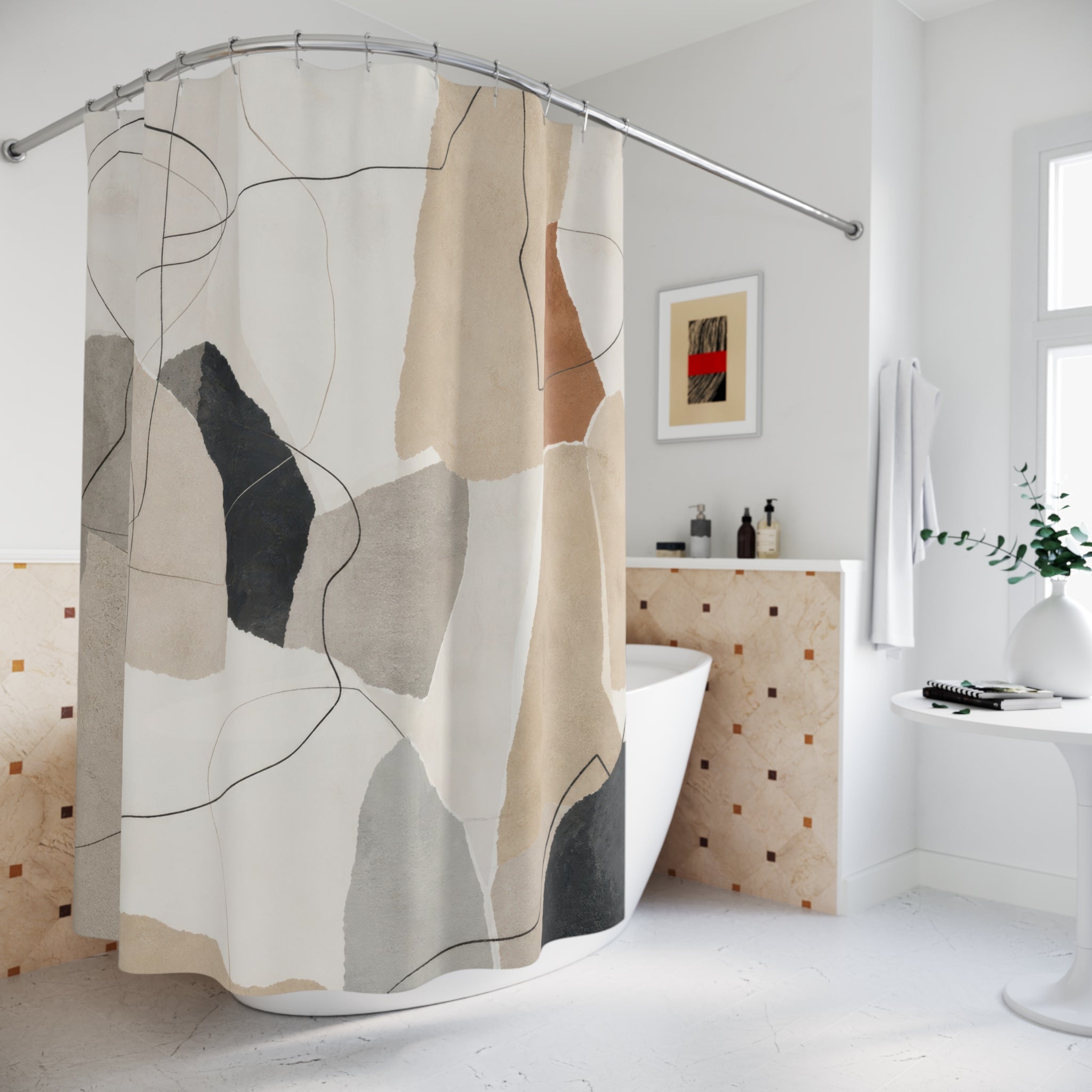 Black Beige Line Art Abstract Shower Curtain