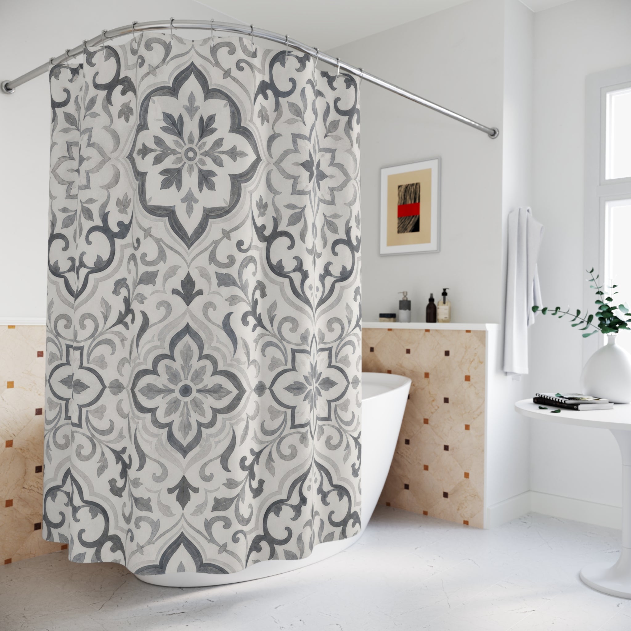Gray White Moroccan Medallion Shower Curtain