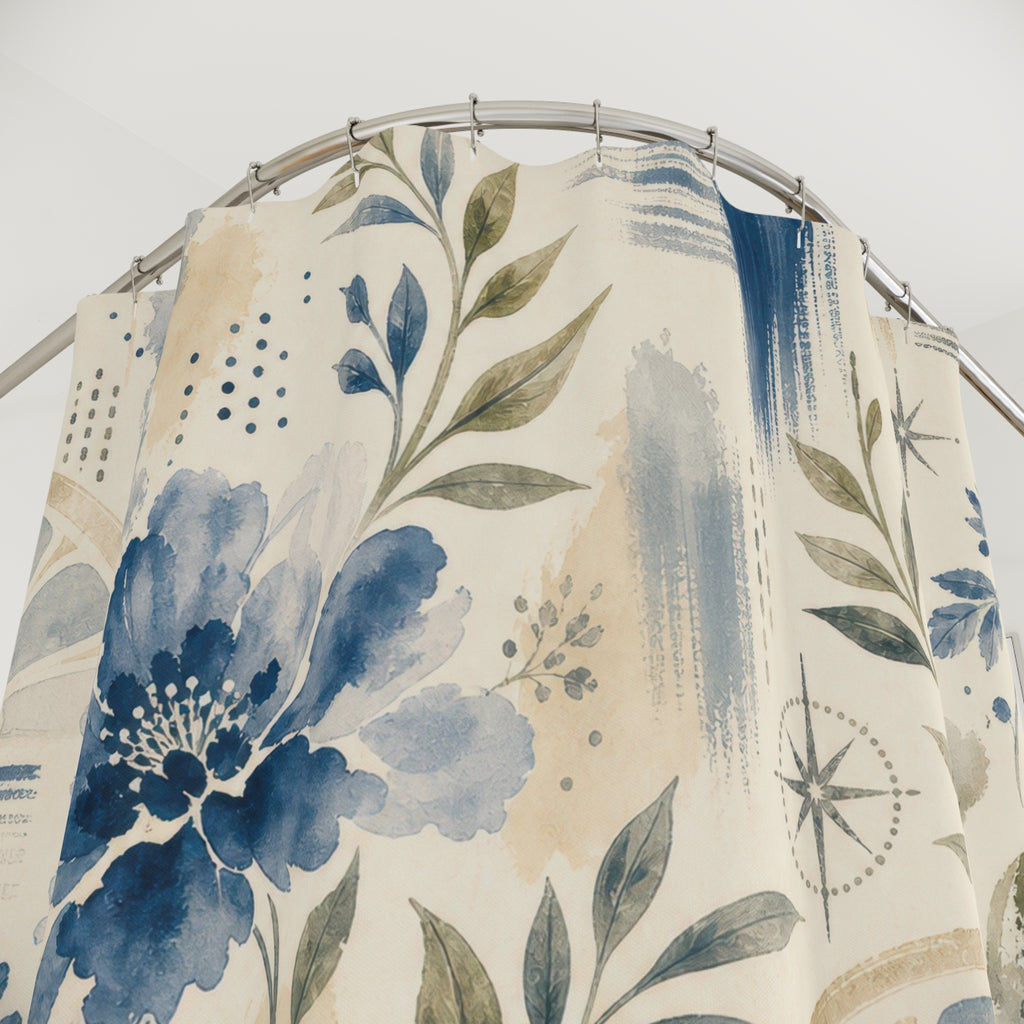 Colonial White Blue Floral Botanical Cottage Cottagecore Beige Shower Curtain