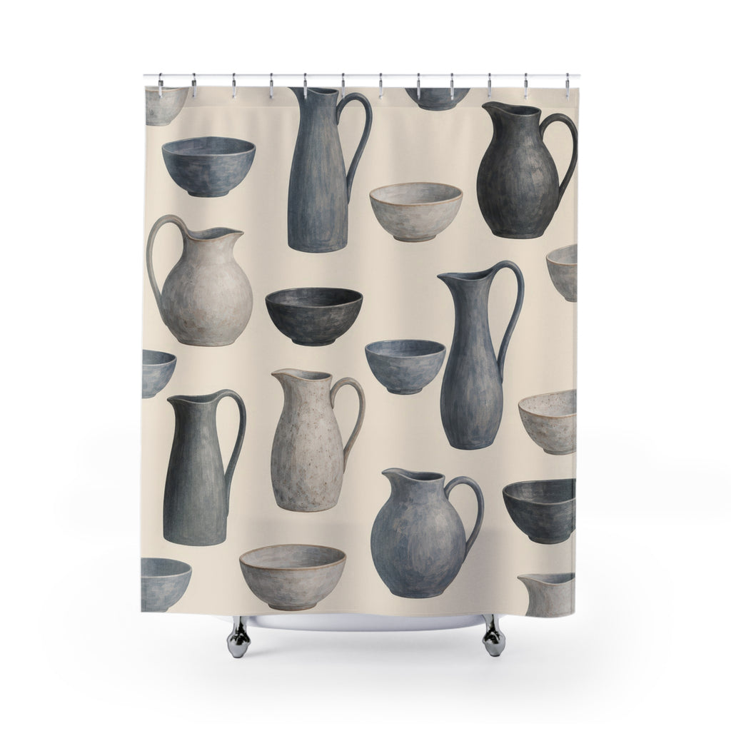 Blue-gray pitchers and bowls with charcoal accents on cream shower curtain with full front view