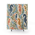 Navy coral and ochre seahorses on cream shower curtain with full front view