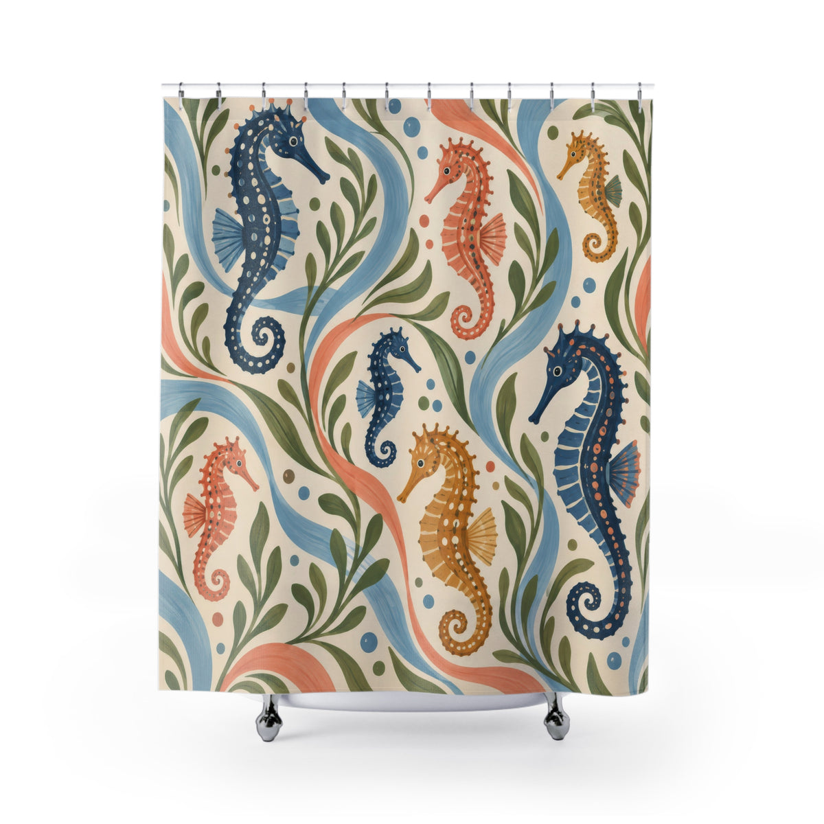 Navy coral and ochre seahorses on cream shower curtain with full front view