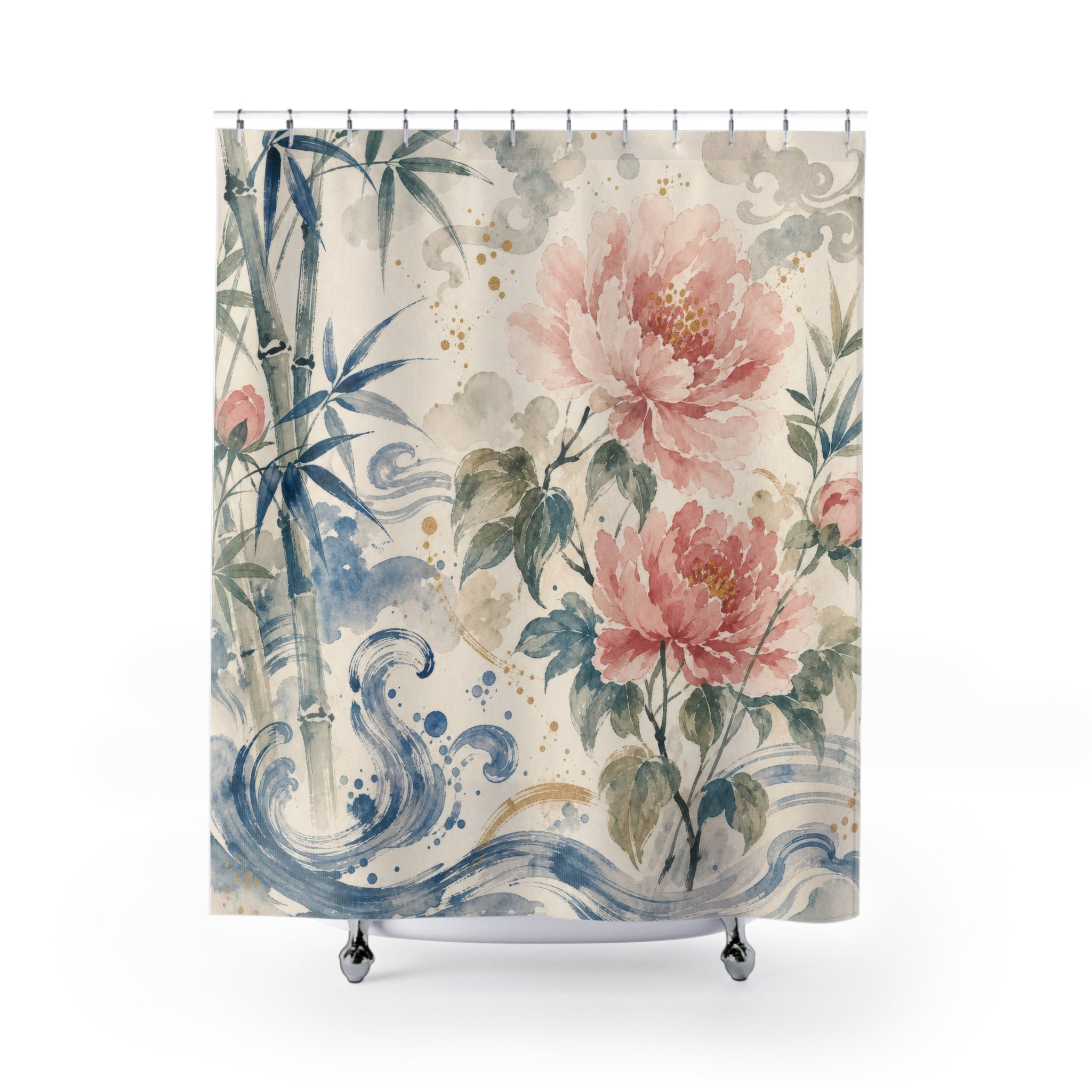 Blue White Chinoiserie Floral Beige Cream Gold Shower Curtain