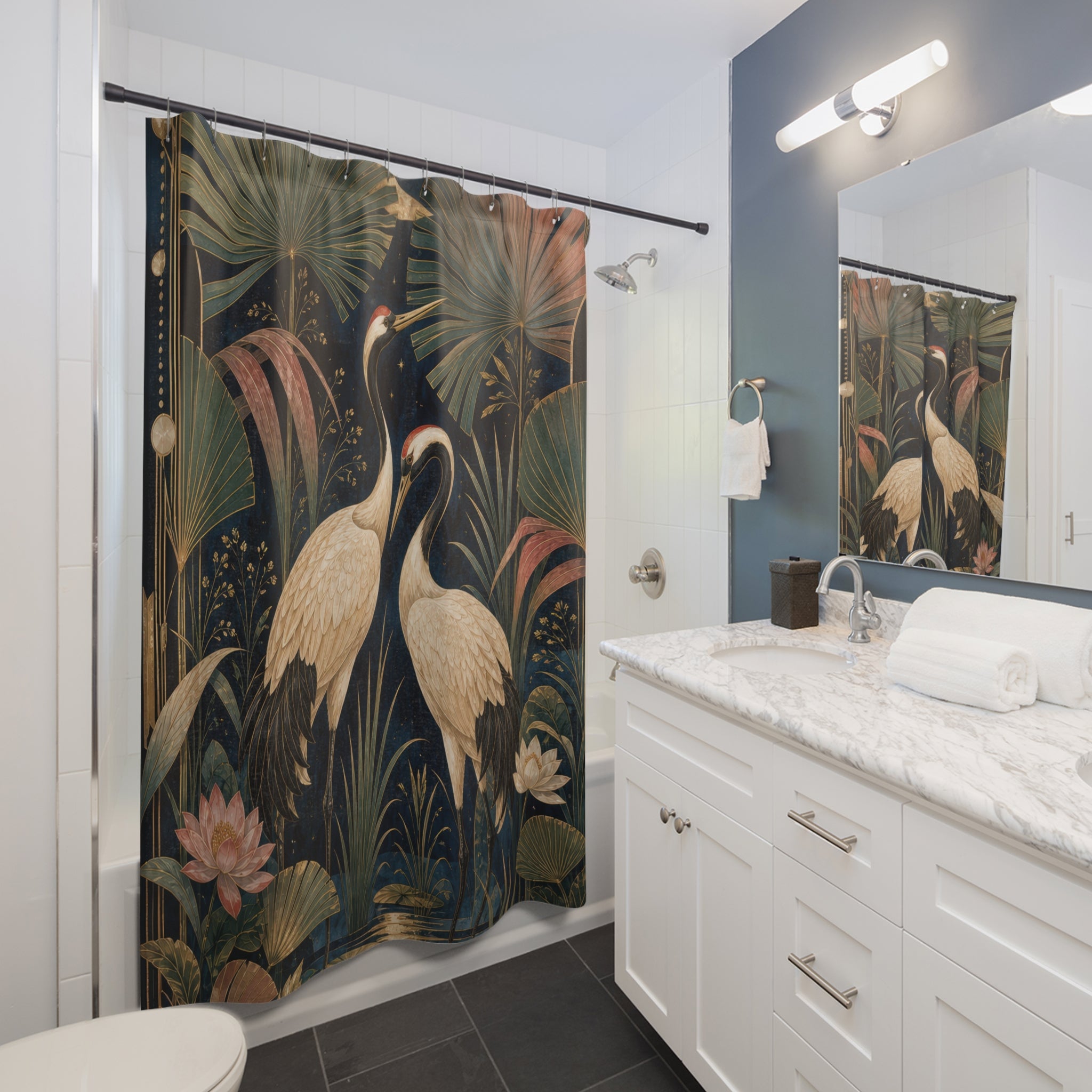 Midnight Crane Palms Shower Curtain