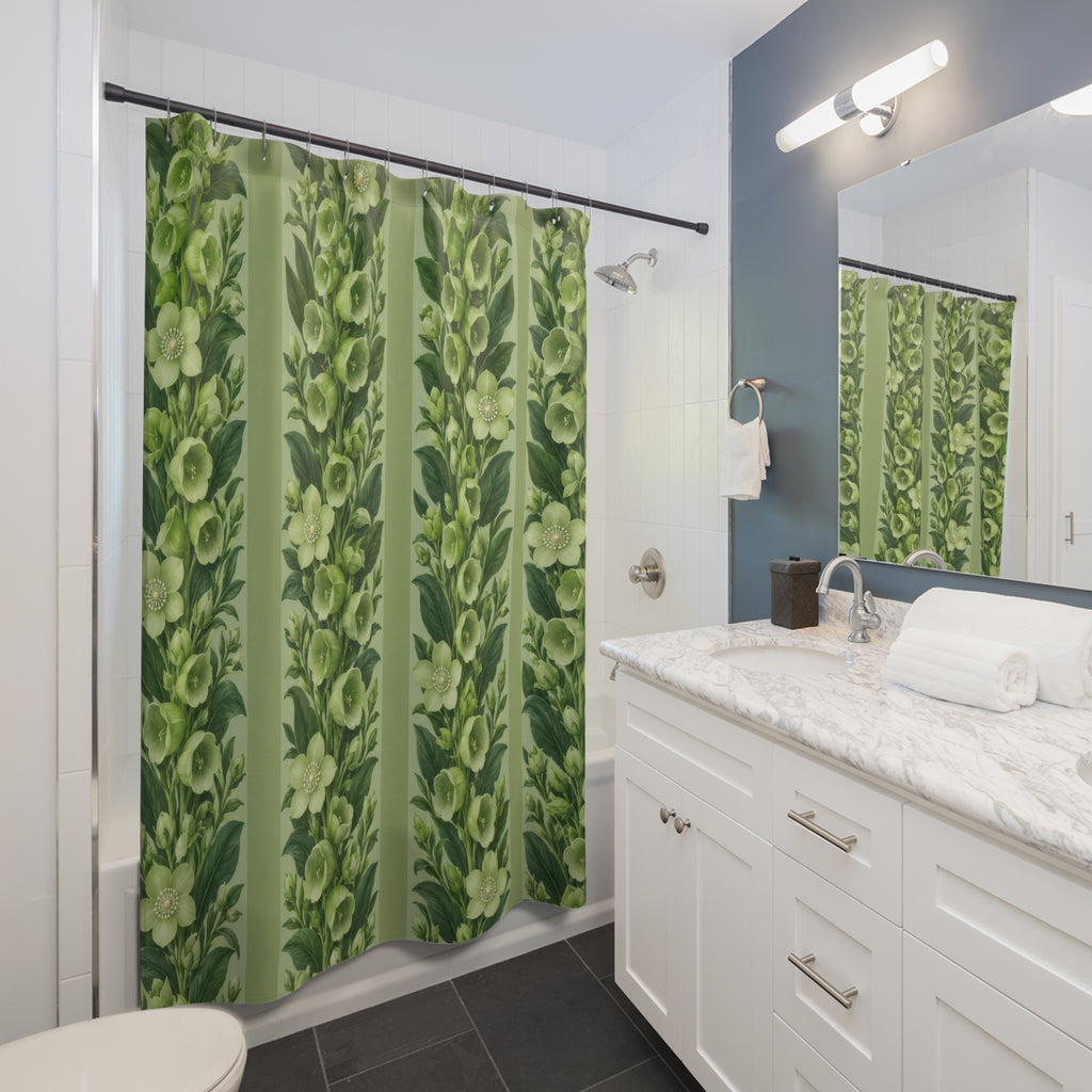 Pale green flowers and leafy stripes on celery green shower curtain beside a white vanity