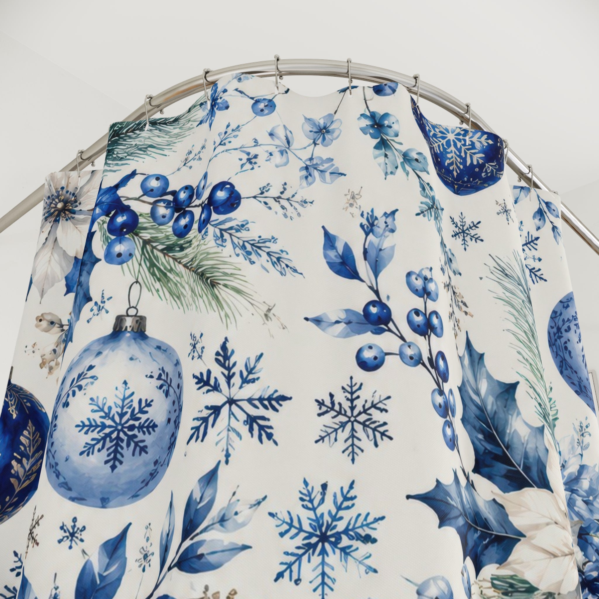 Christmas Blue Shower Curtain: Blue White Floral Holiday