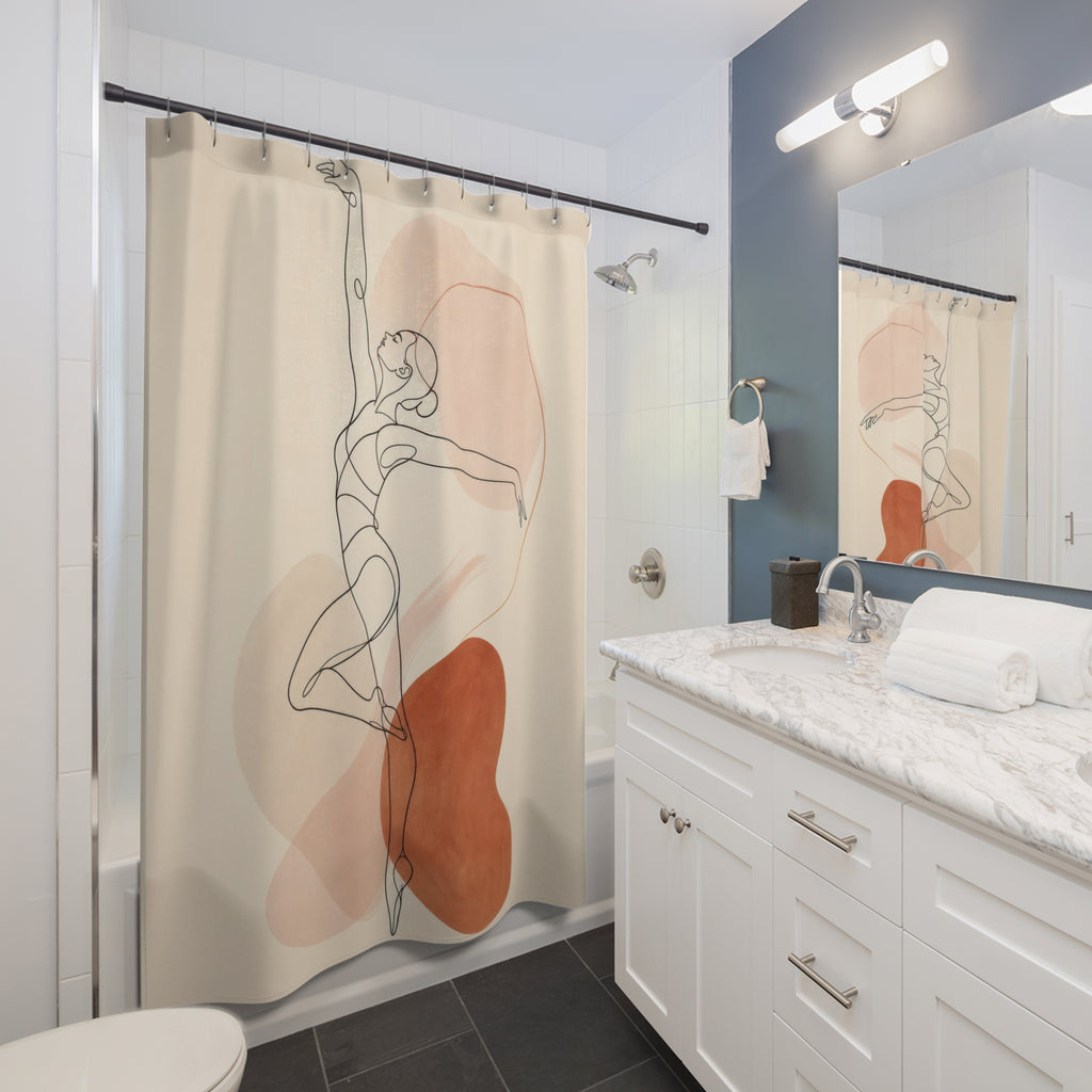 Line Art Shower Curtain, Dancing Figure Abstract Pattern, Beige Peach Bathroom Decor, Modern Guest Bath Figure Art Style